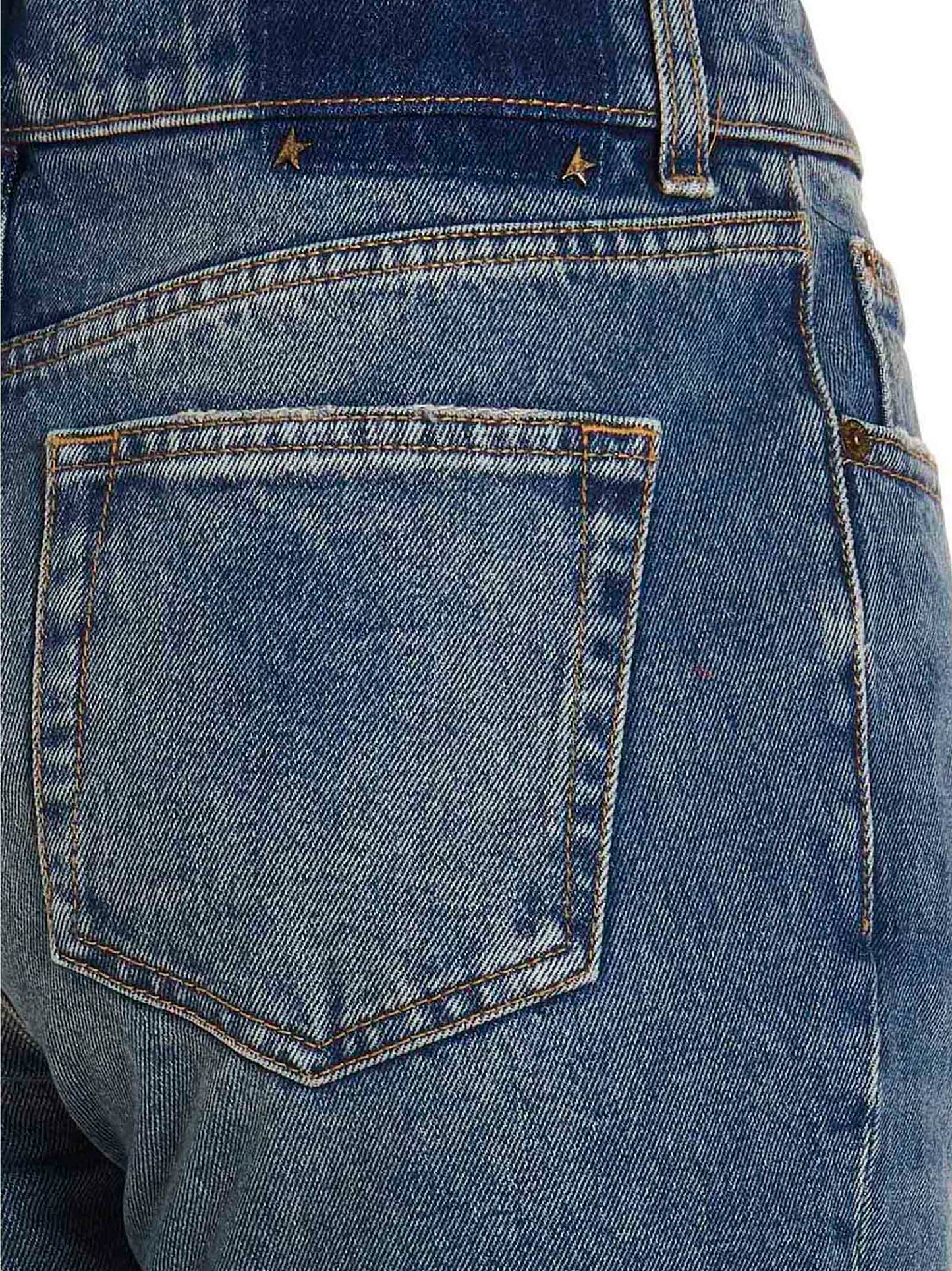 Jeans by Golden Goose for women in denim cotton blue presents a tailored silhouette, showcasing a tailored flared and long cut with a refined high rise for a truly tailored aesthetic.