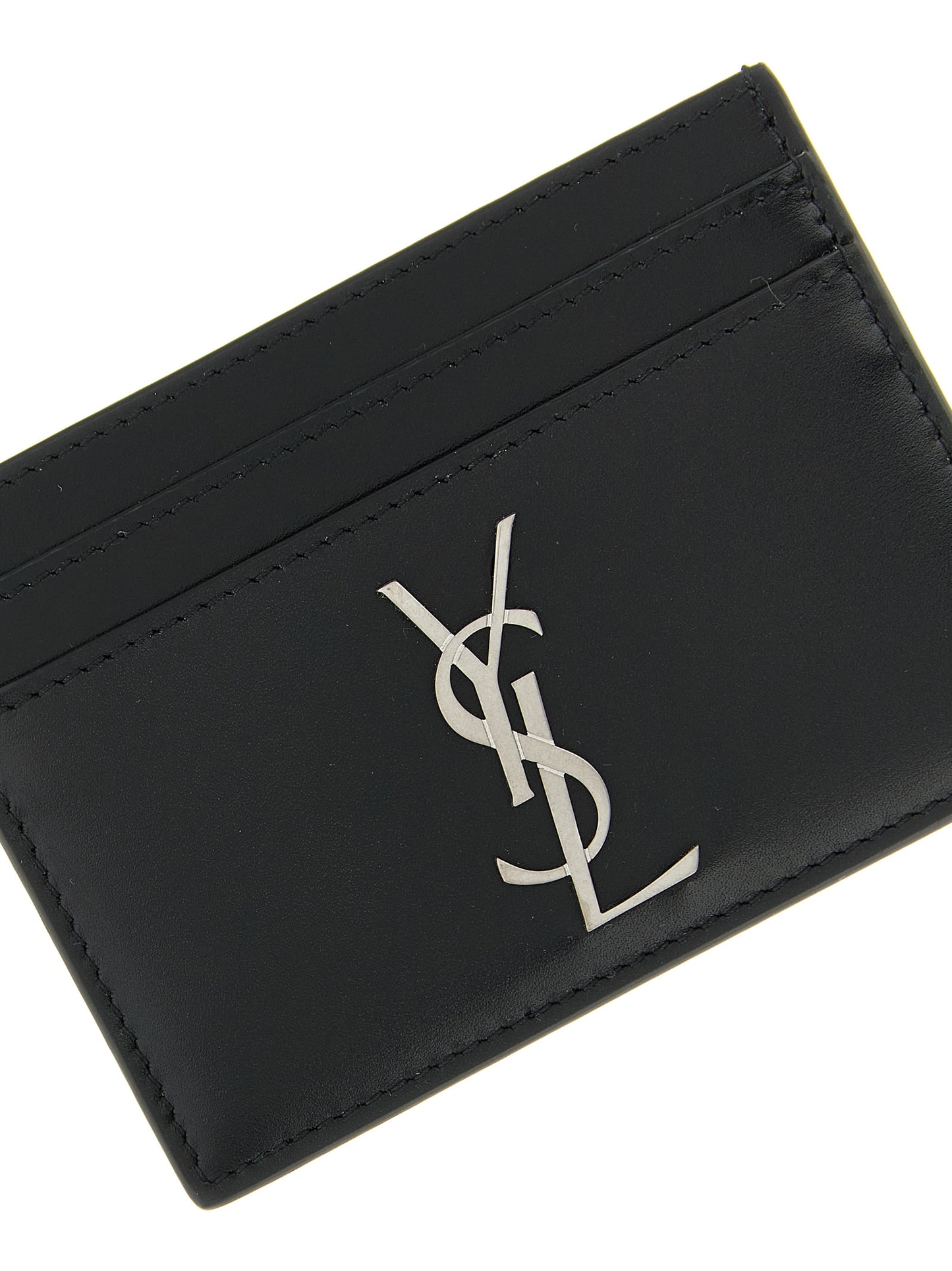 Cardholder Card Case by Saint Laurent for men in calfskin leather black & silver features a distinguished silhouette, showcasing the distinguished design of the Icon Calfskin Leather Cardholder Card Case with refined card-organization.