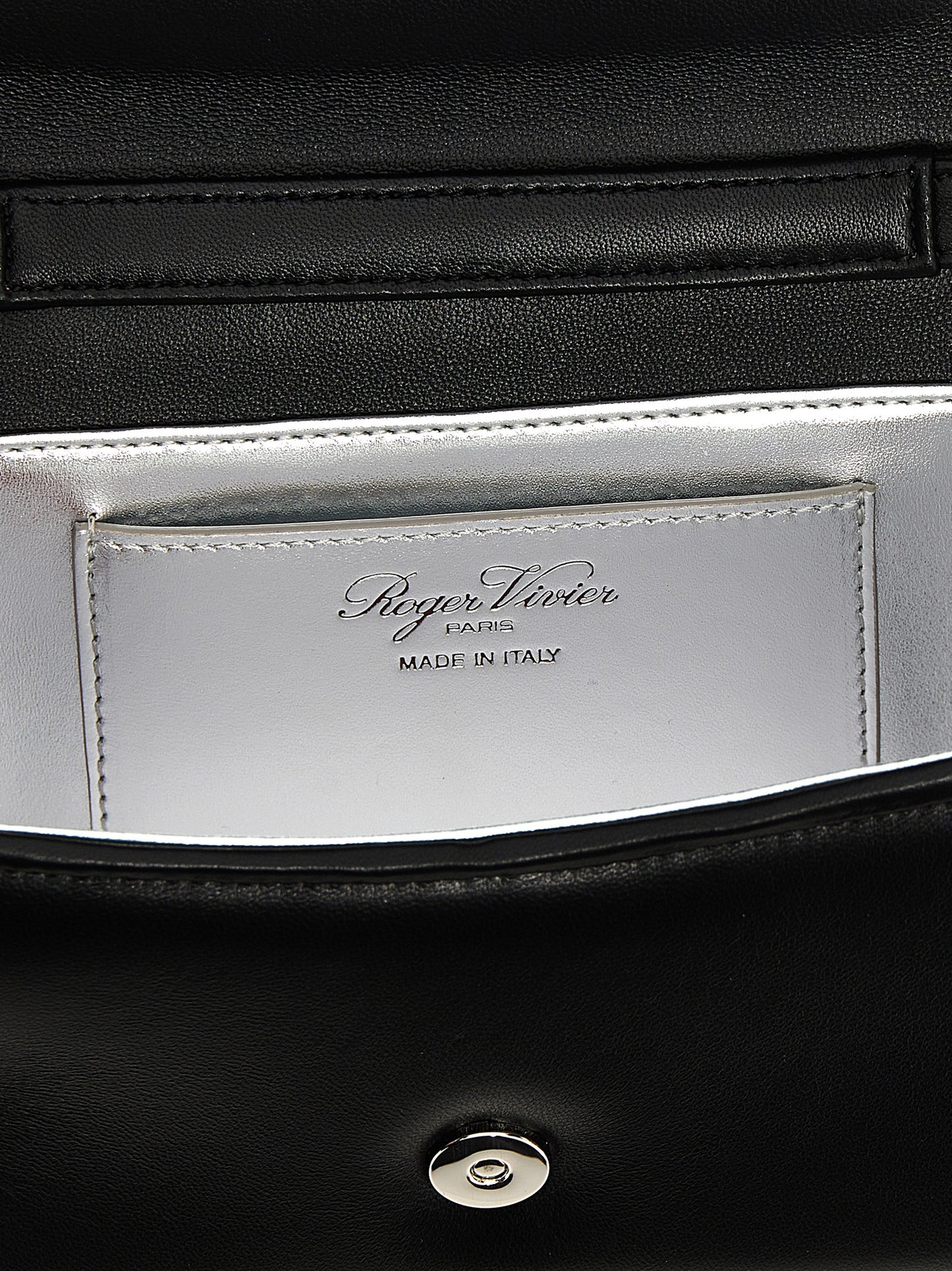 Micro Flap Handbag by Roger Vivier for women in polyester & lamb leather black features an refined silhouette, showcasing a secure flap & magnetic, ample , and versatile shoulder-strap & handle for a sophisticated refined aesthetic.