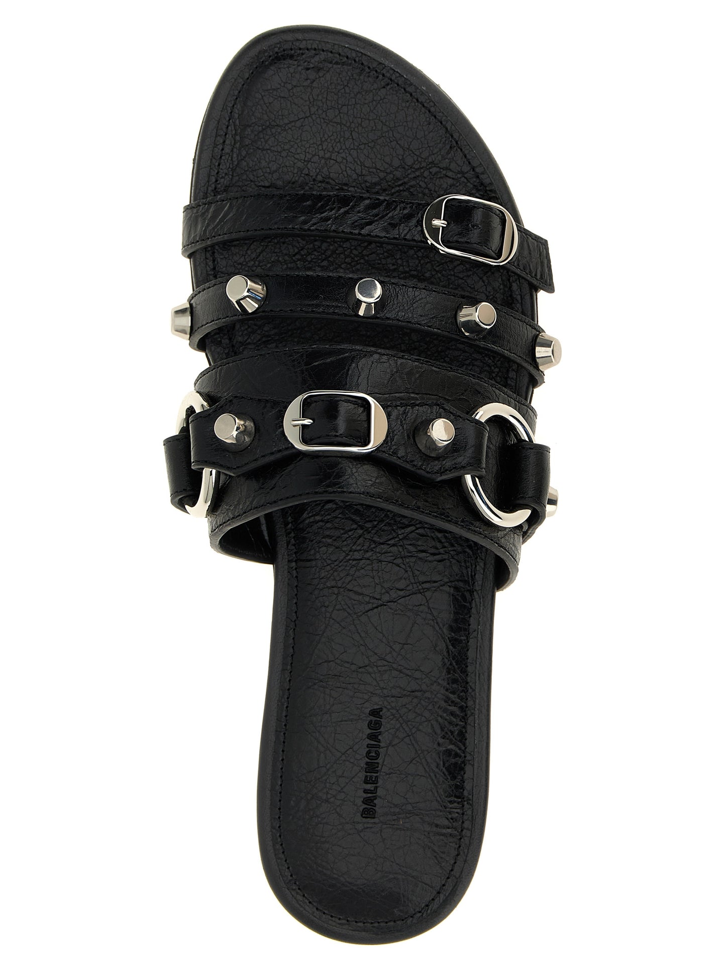 Sliders Flat Shoes by Balenciaga for women in lamb leather black & silver presents a effortless chic silhouette, showcasing the City Women's Lamb Leather Sliders Flat Shoes design with a effortless chic and for a sophisticated look.