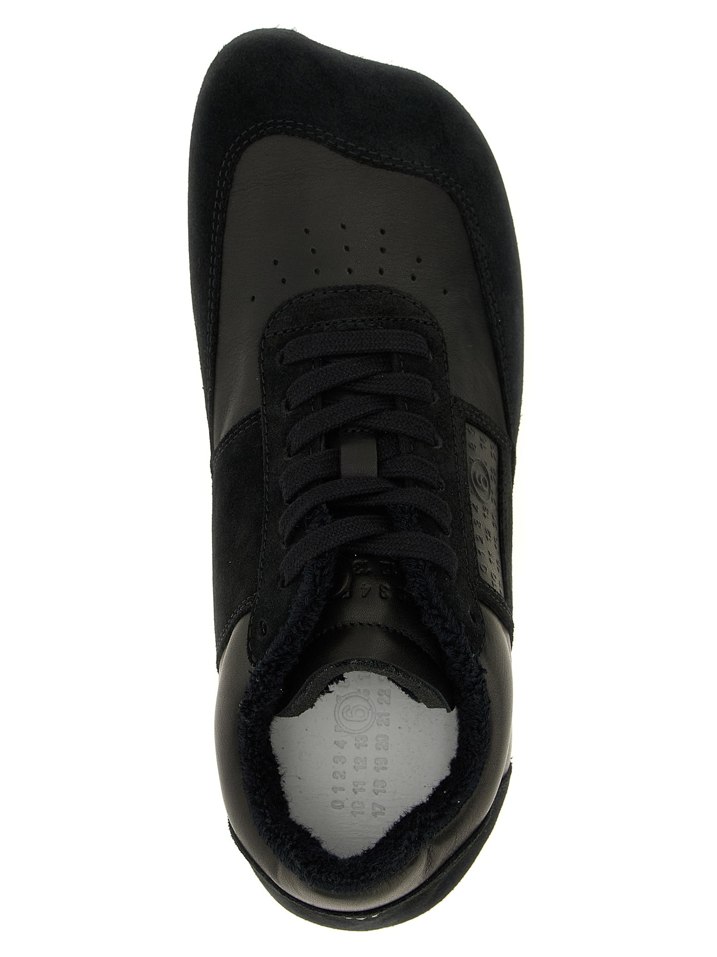 Athletic Sneakers by MM6 Maison Margiela for men in calfskin leather black, white & signature showcases a architectural silhouette, artfully capturing the essence of the Men's Athletic Calfskin Leather Sneakers with its signature architectural athletic style construction.