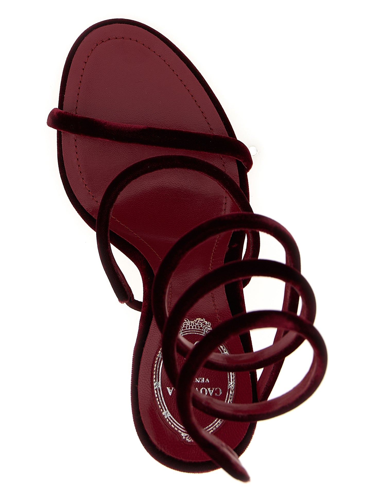 Stiletto Sandals by RENE CAOVILLA for women in plush textile leather bordeaux features an effortlessly chic silhouette from the Women's Plush Textile Leather Stiletto Sandals collection, showcasing a effortlessly chic stiletto and elegant .