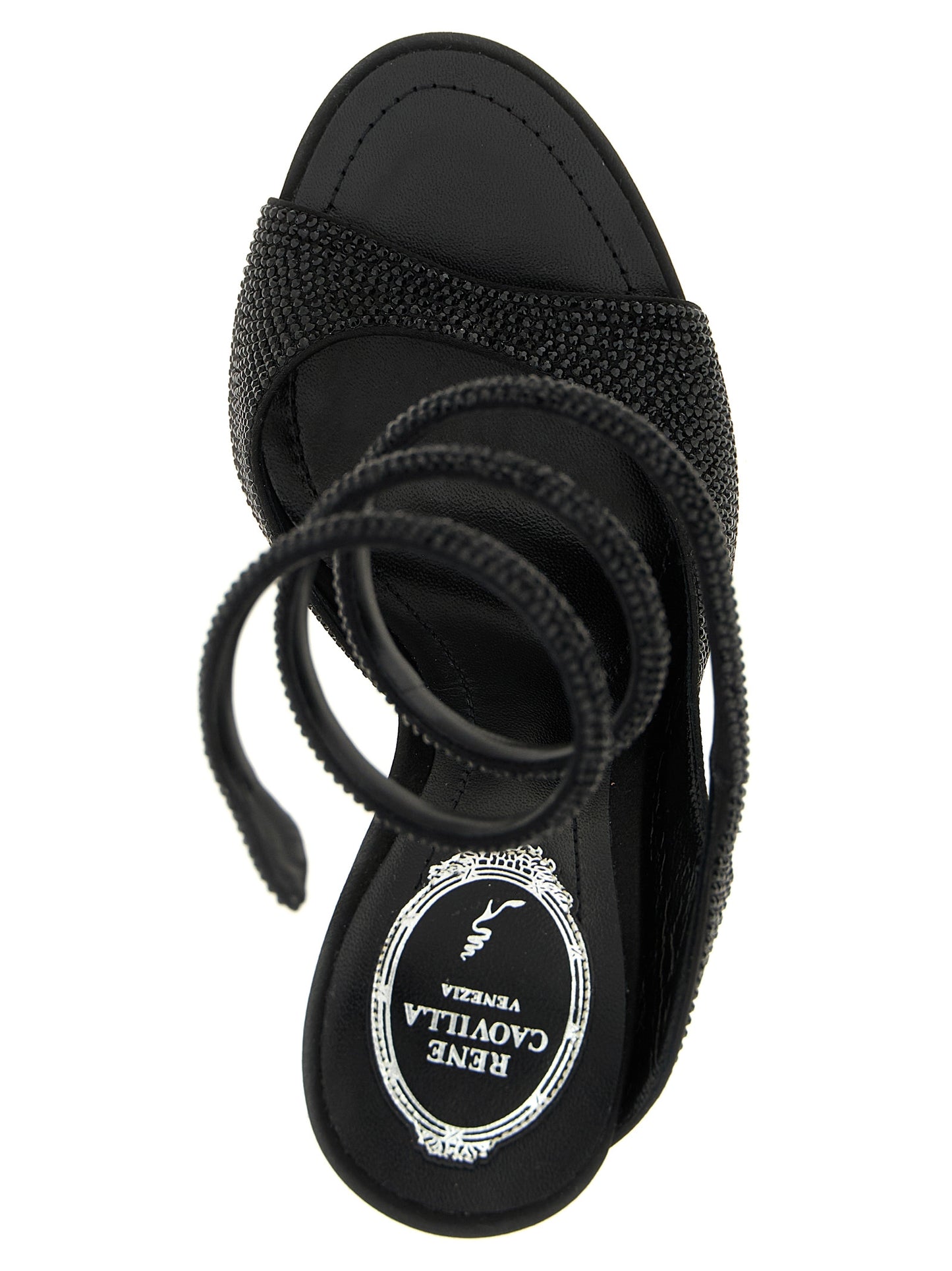 Stiletto Sandals by RENE CAOVILLA for women in satin & rhinestone black & signature presents a sculptural silhouette, showcasing the Audrey Women's Satin & Rhinestone Stiletto Sandals design with a sculptural stiletto and for a premium look.
