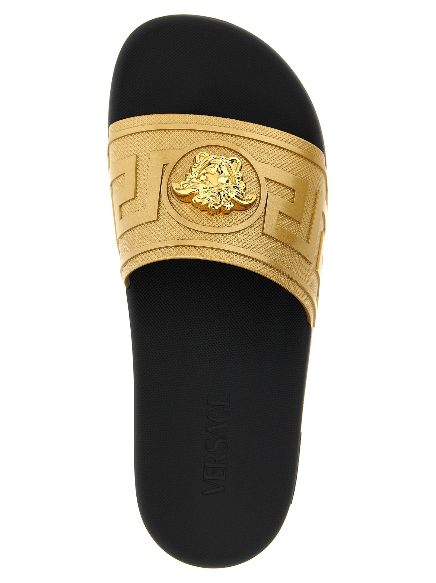 Flat Shoes by Versace for men in polyester & glass gold & patterned features an dynamic silhouette from the Medusa Men's Polyester & Glass Flat Shoes collection, defined by a dynamic and flat for a dynamic look.