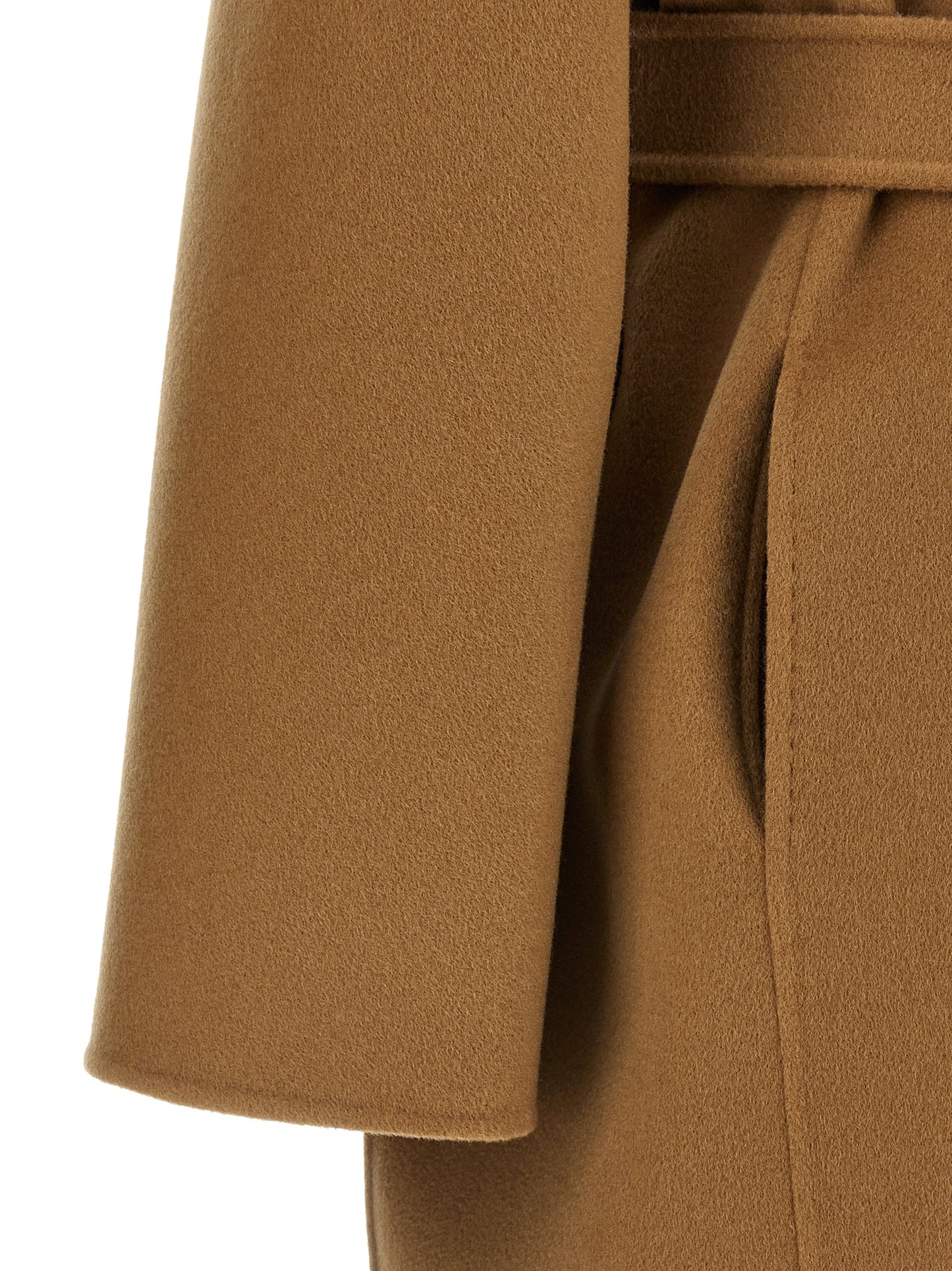This Max Mara women cashmere Trench Coat in beige presents a high style silhouette, meticulously detailed with pockets and a high style for a sophisticated, timeless look.