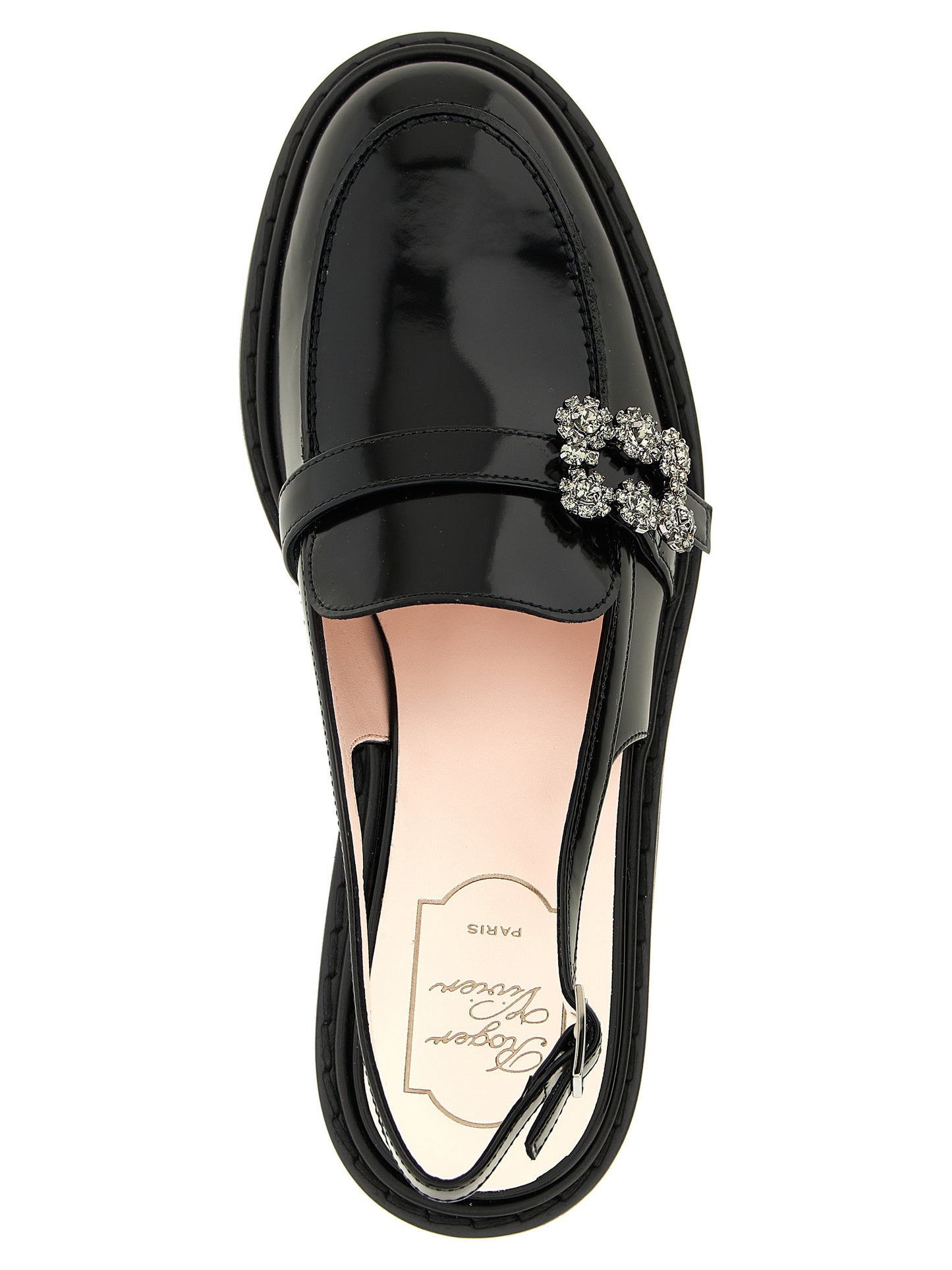 Moccasins Loafers Slingback Flat Shoes by Roger Vivier for women in calfskin leather & crystal black & signature showcases a resplendent Efflorescence Viv Women's Calfskin Leather & Crystal Moccasins Loafers Slingback Flat Shoes aesthetic with a and .