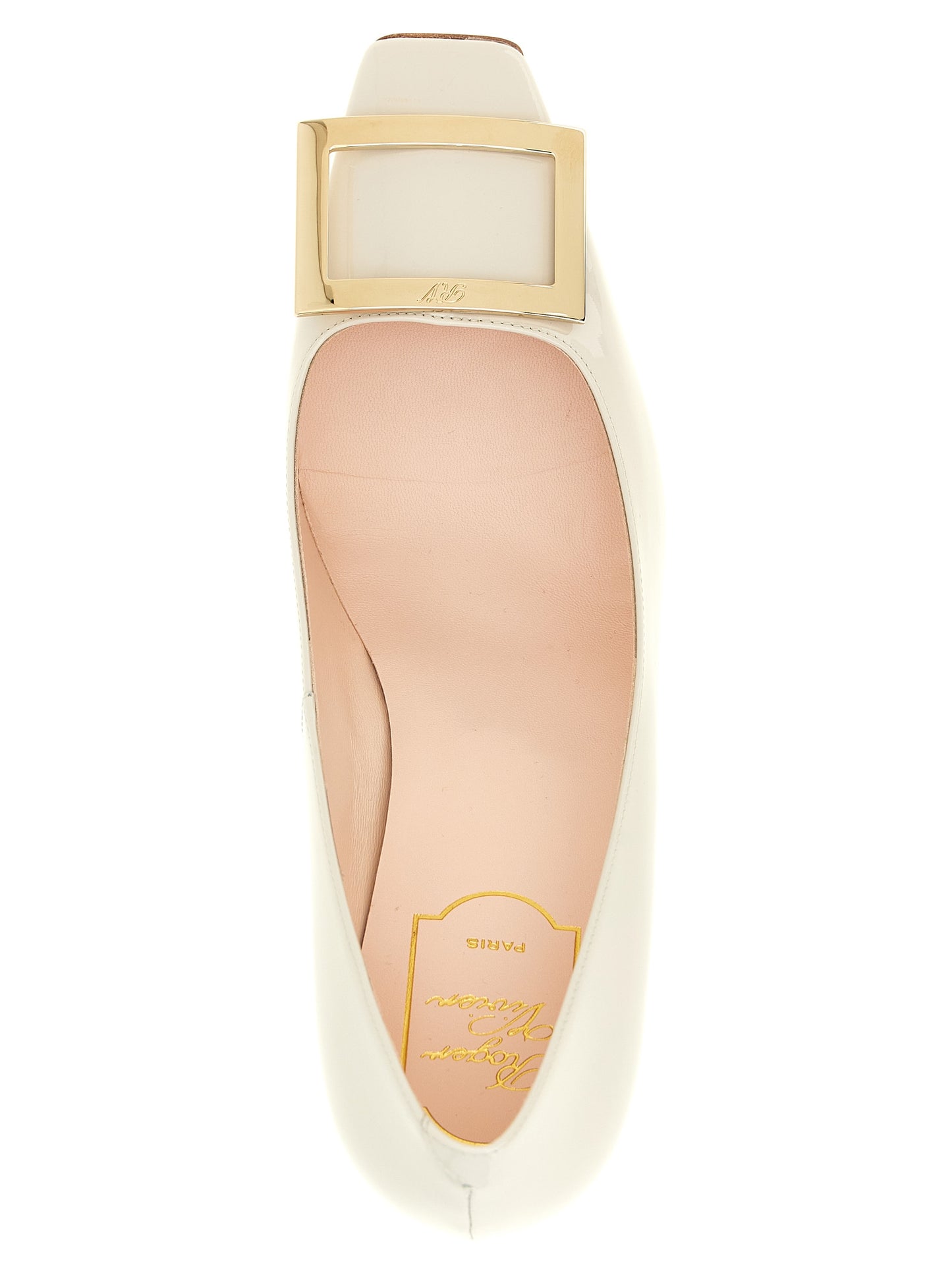 Mid-Heel Pumps Heels by Roger Vivier for women in patent calfskin leather gray & signature features an effortlessly chic silhouette from the Women's Patent Calfskin Leather Mid-Heel Pumps Heels collection, showcasing a mid-heel and effortlessly chic square toe style for a effortlessly chic look.