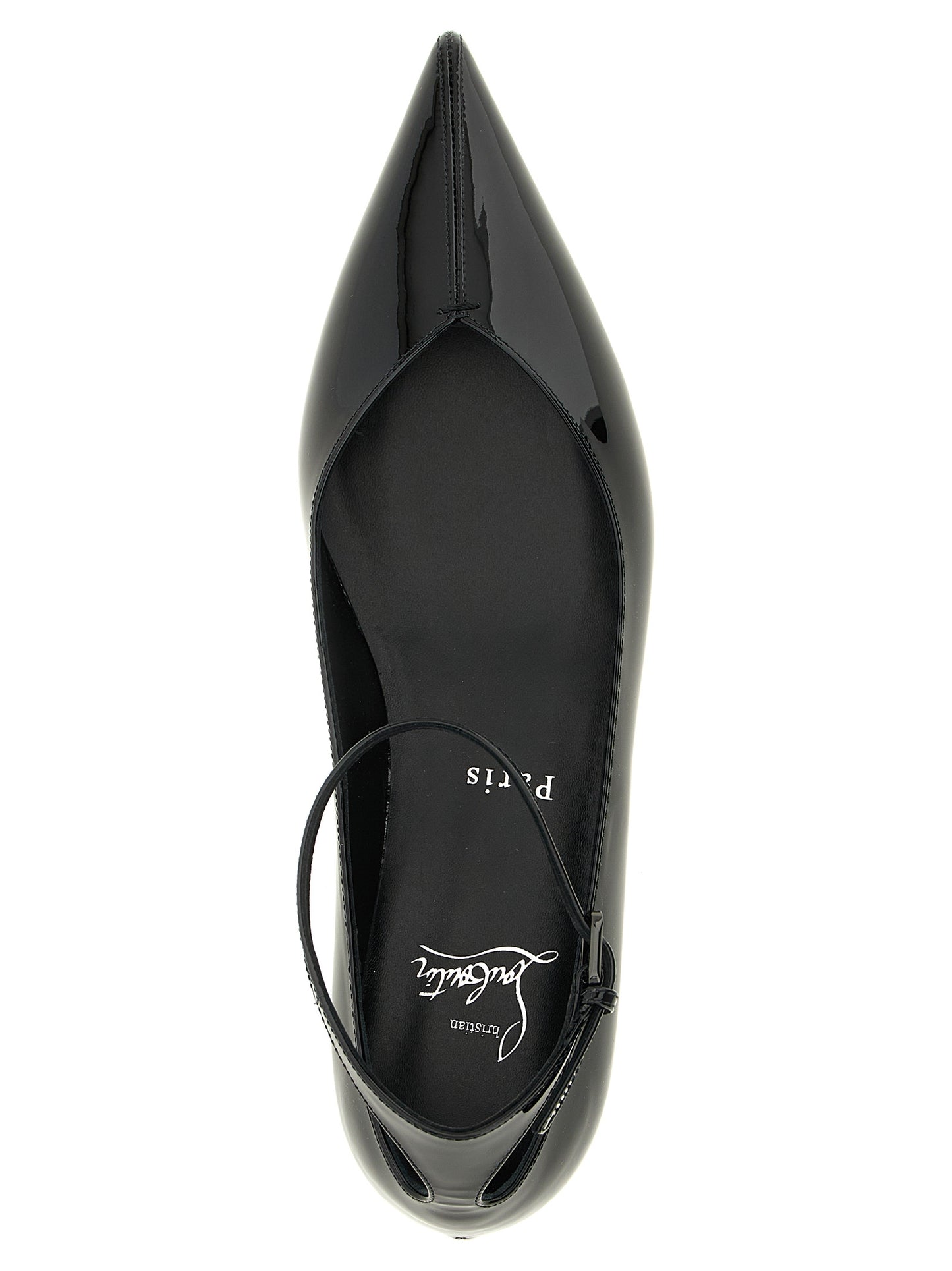 Ballet Flat Shoes by Christian Louboutin for women in calfskin leather black, red & signature showcases a resplendent Women's Calfskin Leather Ballet Flat Shoes aesthetic with a and pointed toe style.