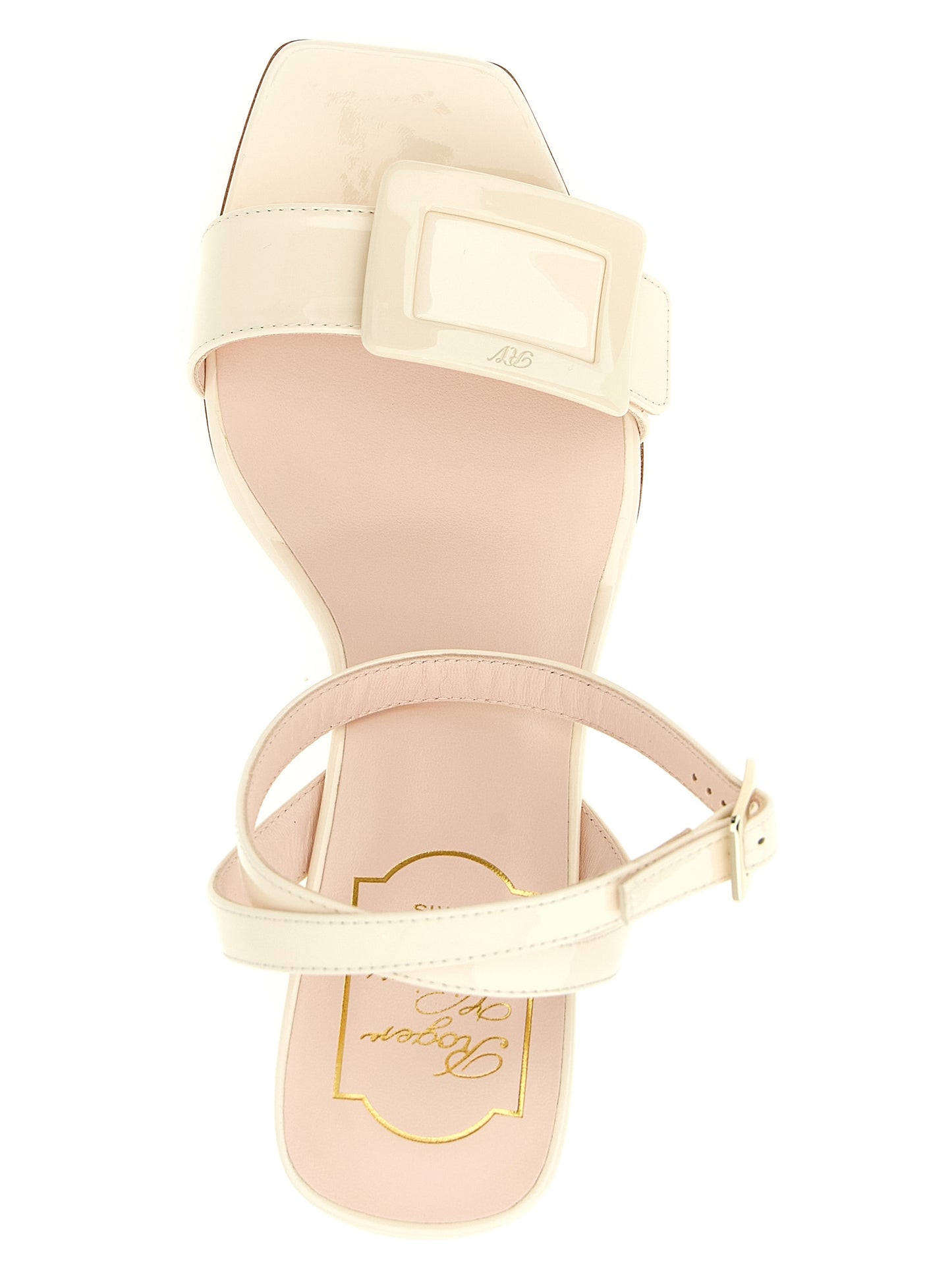 Wedge Ankle Strap Sandals by Roger Vivier for women in patent calfskin leather white & signature features an statuesque Belle Vivier Women's Patent Calfskin Leather Wedge Ankle Strap Sandals silhouette with a refined wedge and elegant square toe style.