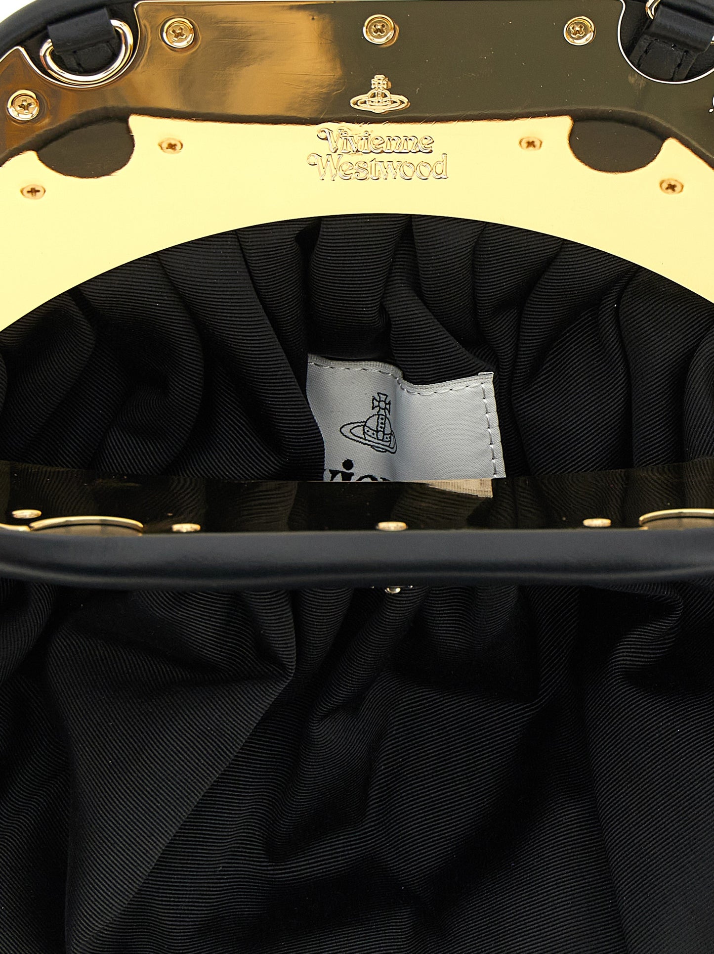 Shoulder Clutch Handbag by Vivienne Westwood for women in viscose & rubber black showcases a sculptural silhouette, featuring a secure magnetic, ample , and versatile shoulder-strap & handle for a sculptural finish.