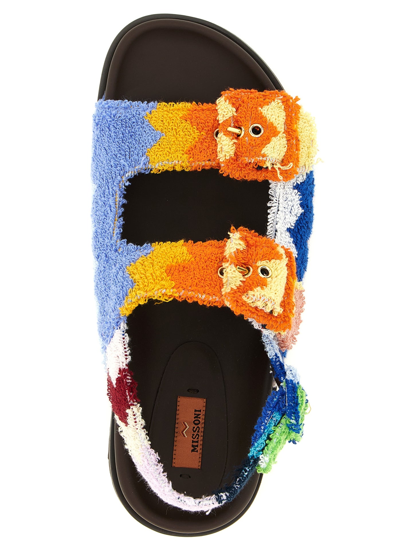 Flat Sandals by Missoni for women in plush cotton terrycloth & goatskin leather multicolor & patterned showcases a sculptural silhouette as Mia Women's Plush Cotton Terrycloth & Goatskin Leather Flat Sandals, defined by a sculptural flat and sculptural for a sculptural look.