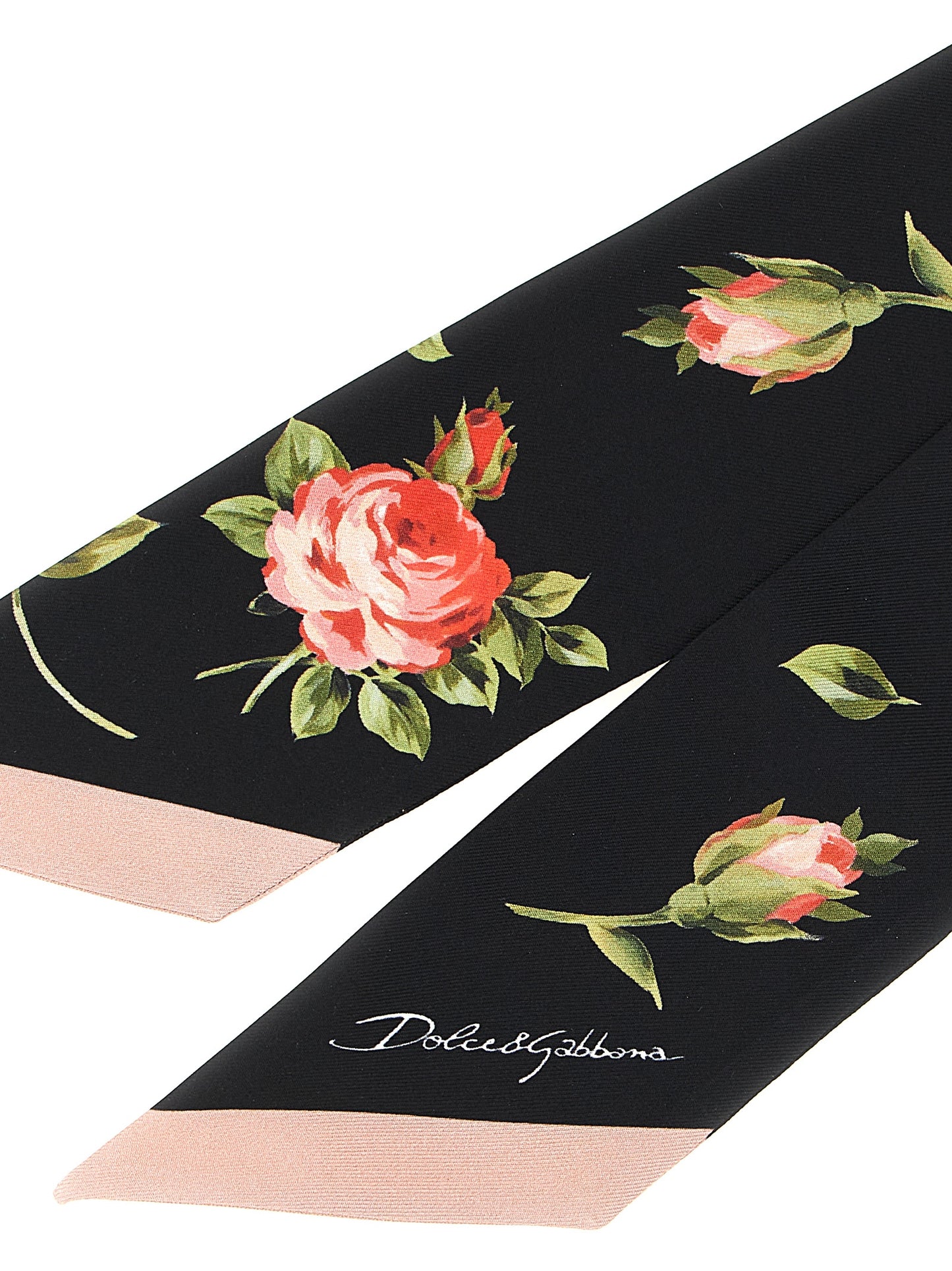 Scarf by Dolce & Gabbana for women in silk twill black, rose & print showcases a on trend silhouette, artfully capturing the on trend essence of the Silk Twill Scarf design with a sophisticated finish.