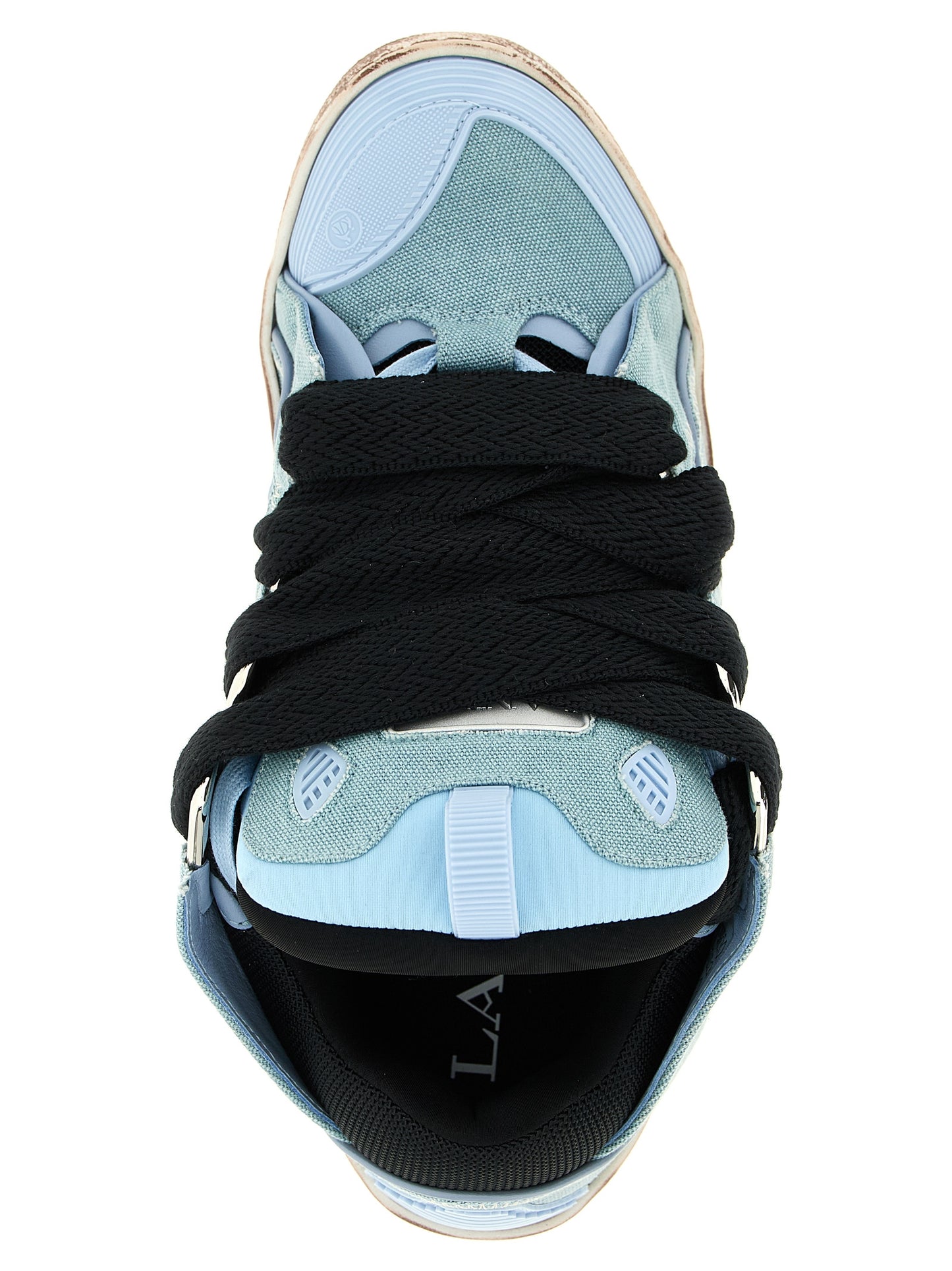 Athletic Sneakers by Lanvin for men in calf leather & cotton canvas light-blue, herringbone & signature showcases an impeccable silhouette, defined by an impeccable athletic style design that perfectly captures the essence of the Men's Athletic Calf Leather & Cotton Canvas Sneakers.