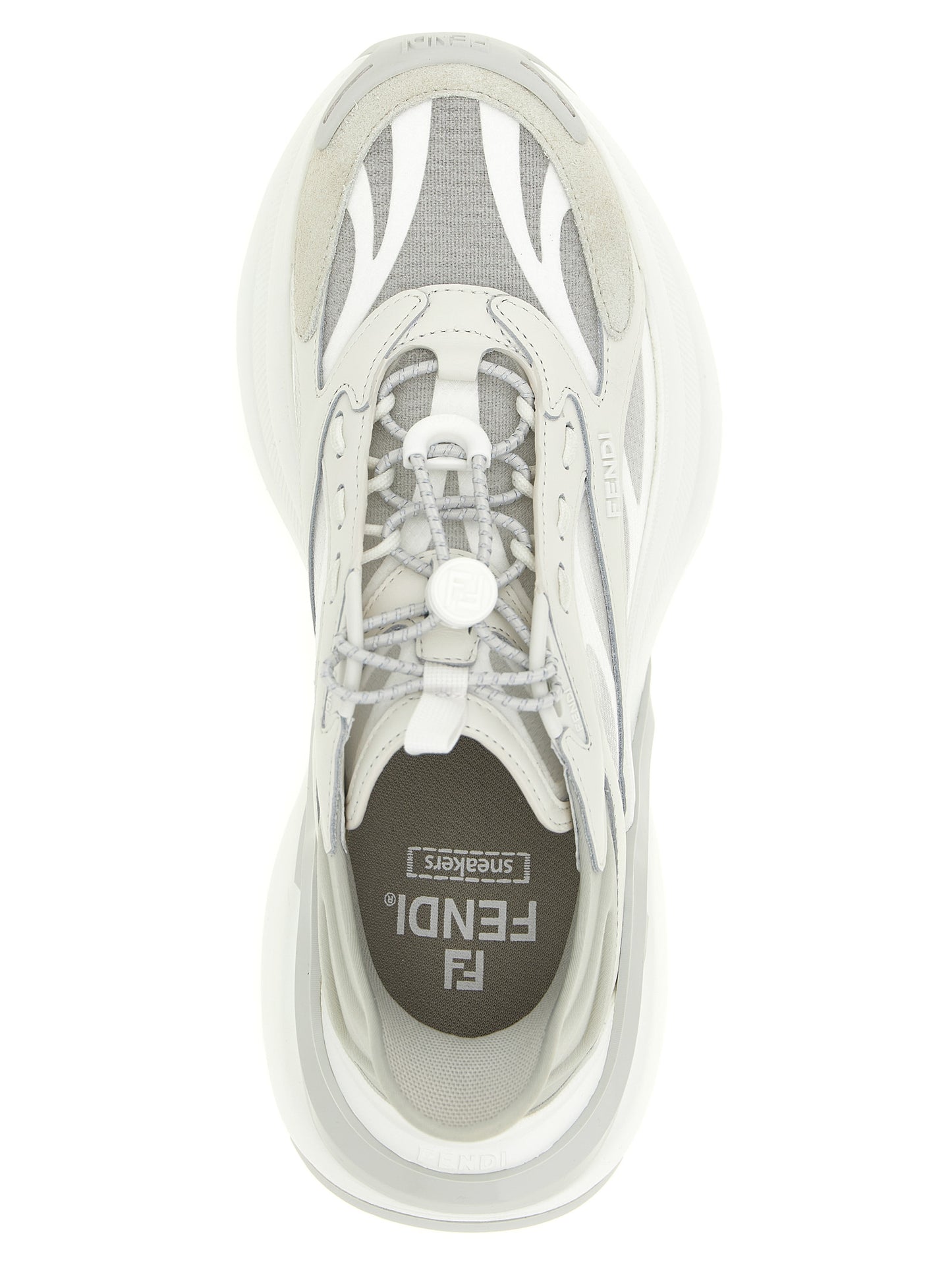 Athletic Sneakers by Fendi for women in suede calfskin leather gray & patterned showcases a architectural silhouette, artfully capturing the essence of the Women's Chunky Suede Calfskin Leather Athletic Sneakers with its signature architectural chunky style construction.