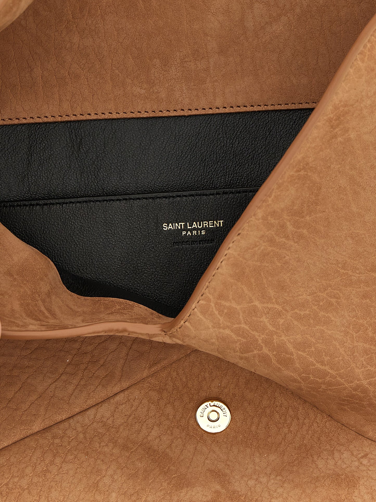 Envelope Clutch Handbag by Saint Laurent for women in polyester cotton & lamb leather brown features an sculptural silhouette, showcasing a secure flap & magnetic and sculptural with versatile for a sophisticated look.