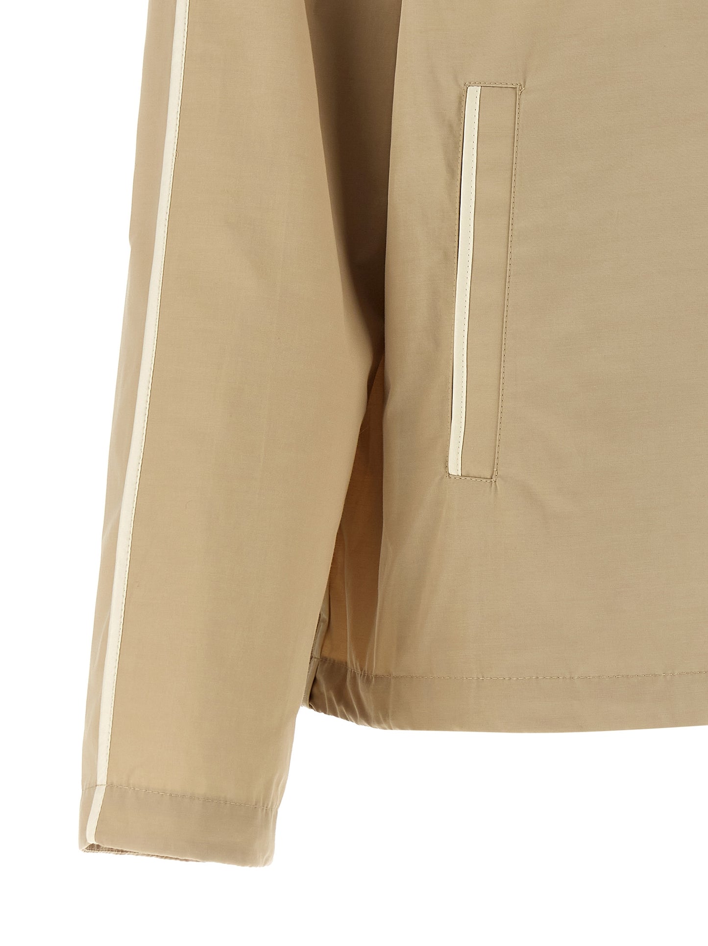 Hooded Windbreaker Jacket by Moncler for women in cotton polyester beige & signature features an magnificent silhouette, showcasing the sophisticated and functional pockets, hooded & windproof for a premium, magnificent look.