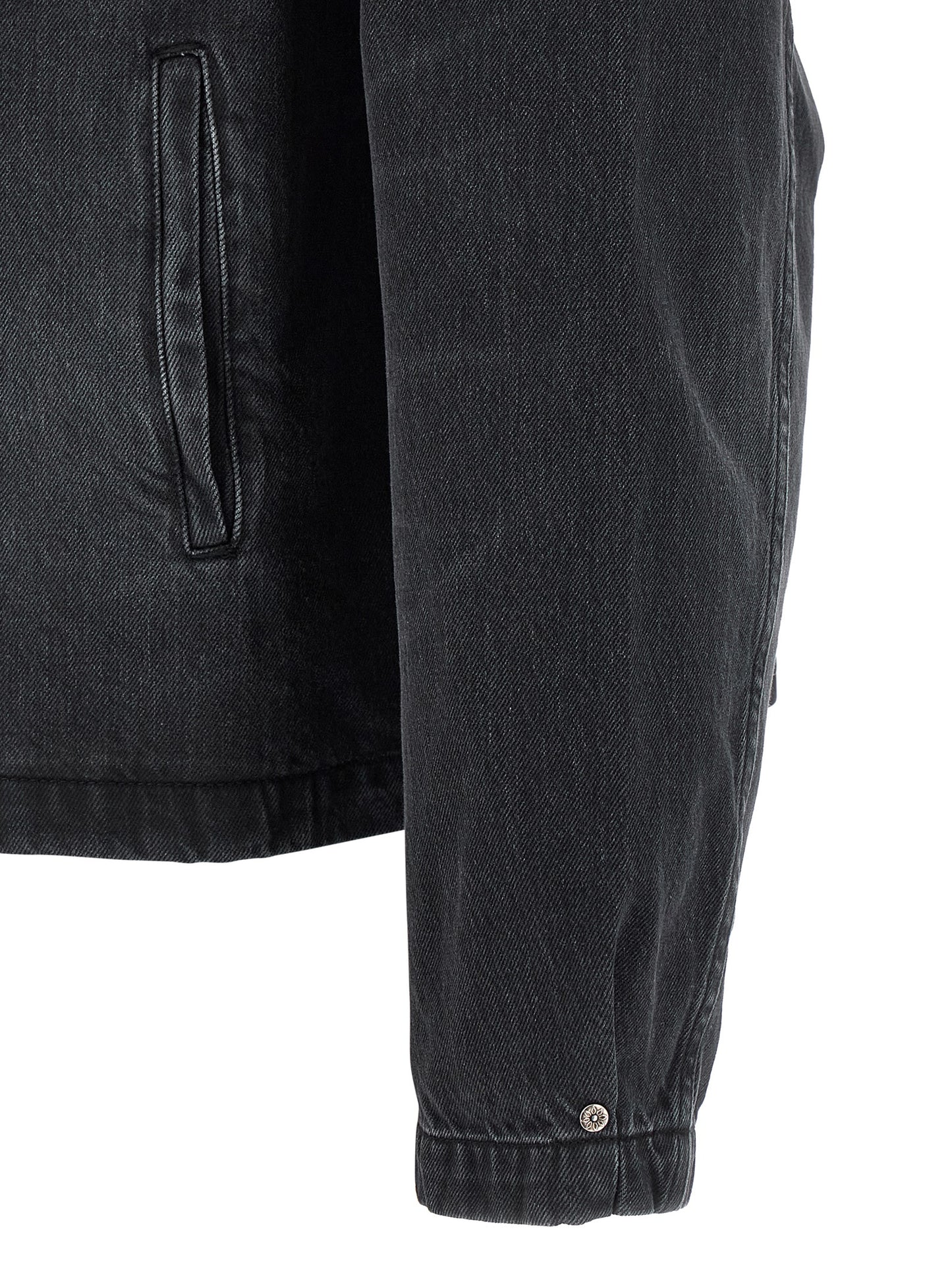 Trucker Jacket by MFPEN for men in organic cotton denim black showcases a bohemian silhouette, artfully detailed with a bohemian and signature pockets for a truly bohemian finish.