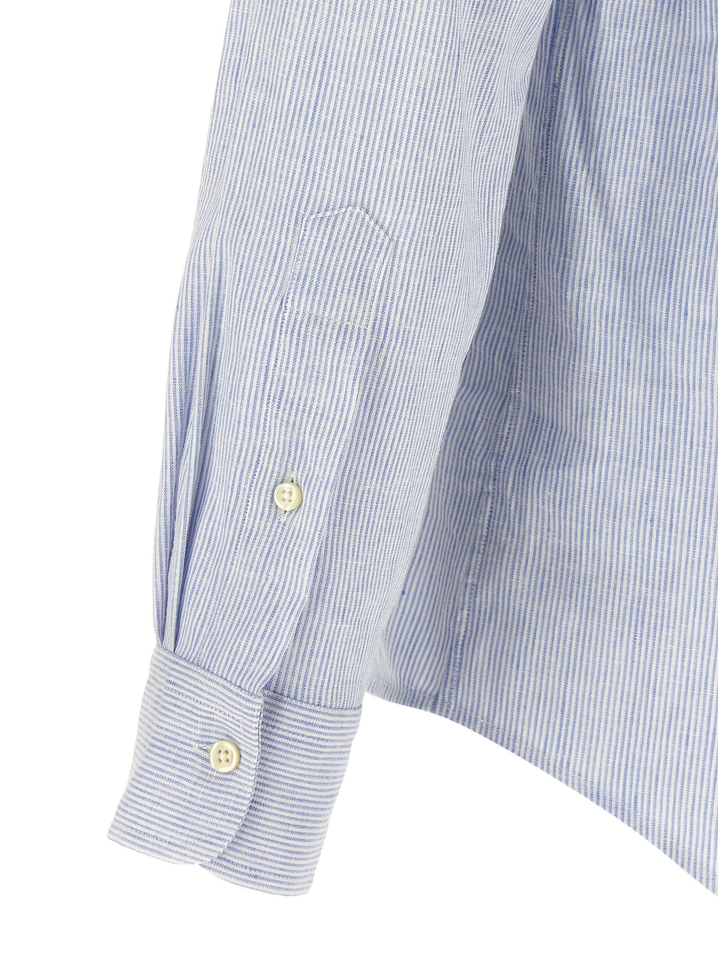 Shirt by Polo Ralph Lauren for men in stretch cotton & linen light-blue, pearl, signature & striped features an polished silhouette, showcasing a sophisticated and detail for a truly polished finish.