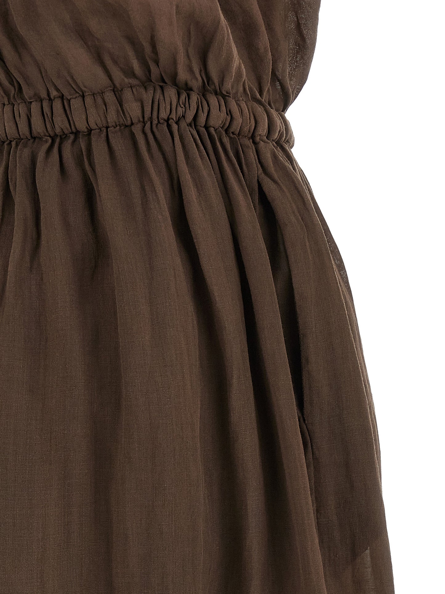 NUDE Women's V Neck Linen Long Dress - Brown Nude