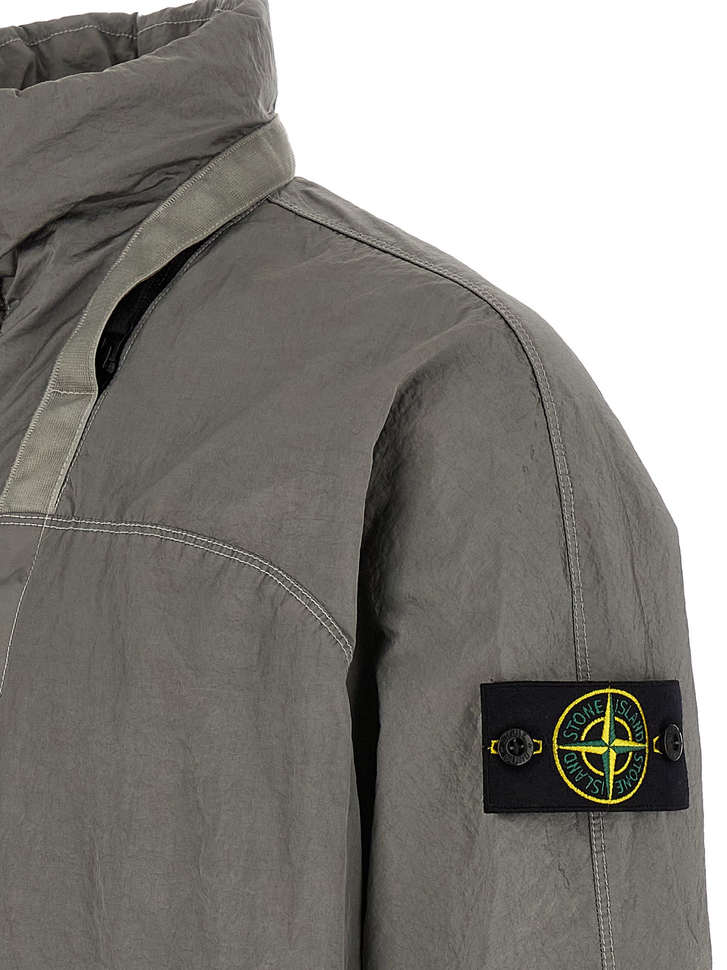 Hooded Bomber Jacket by Stone Island for men in nylon gray features a dramatic silhouette, showcasing a sophisticated and distinctive hooded for a dramatic aesthetic.
