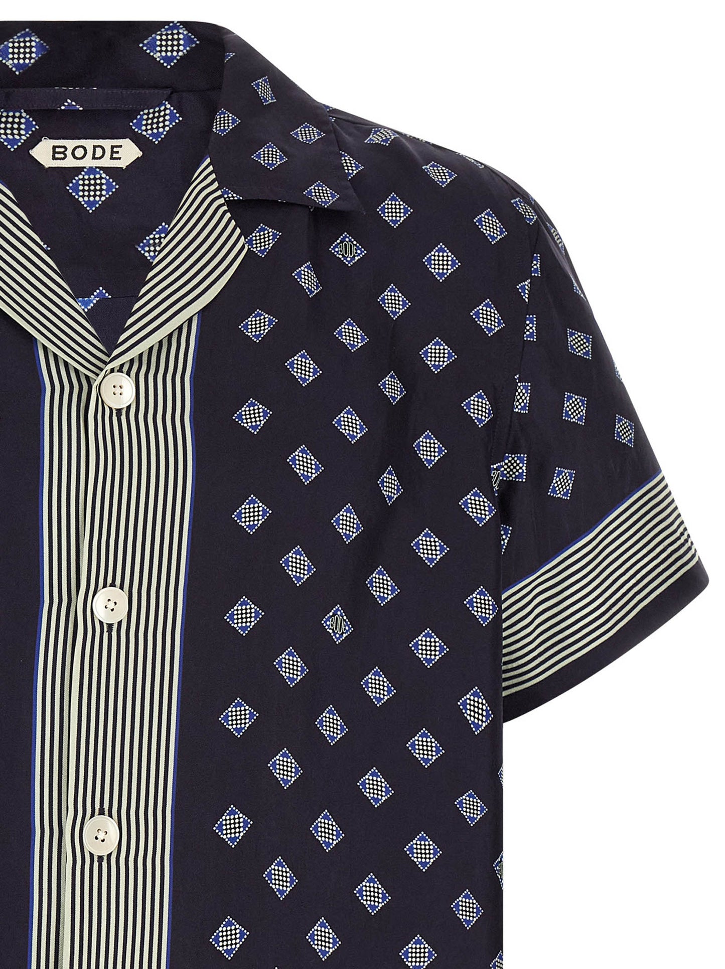 Shirt by BODE for men in silk blue & print, featuring a nuanced and nuanced for a sophisticated finish.