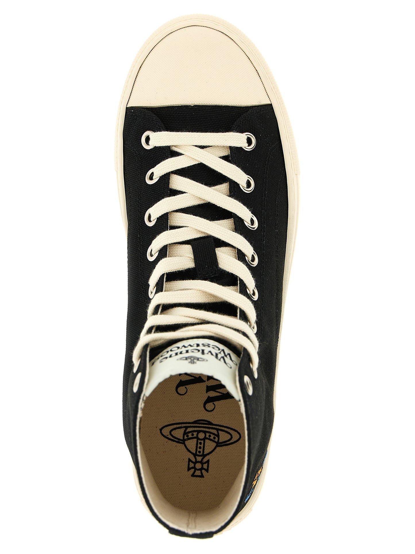 Sneakers by Vivienne Westwood for women in cotton canvas bicolour, black, white, patterned & signature presents a sumptuous silhouette, artfully capturing the essence of the Orb Women's High Top Cotton Canvas Sneakers with its sumptuous high-top style design.