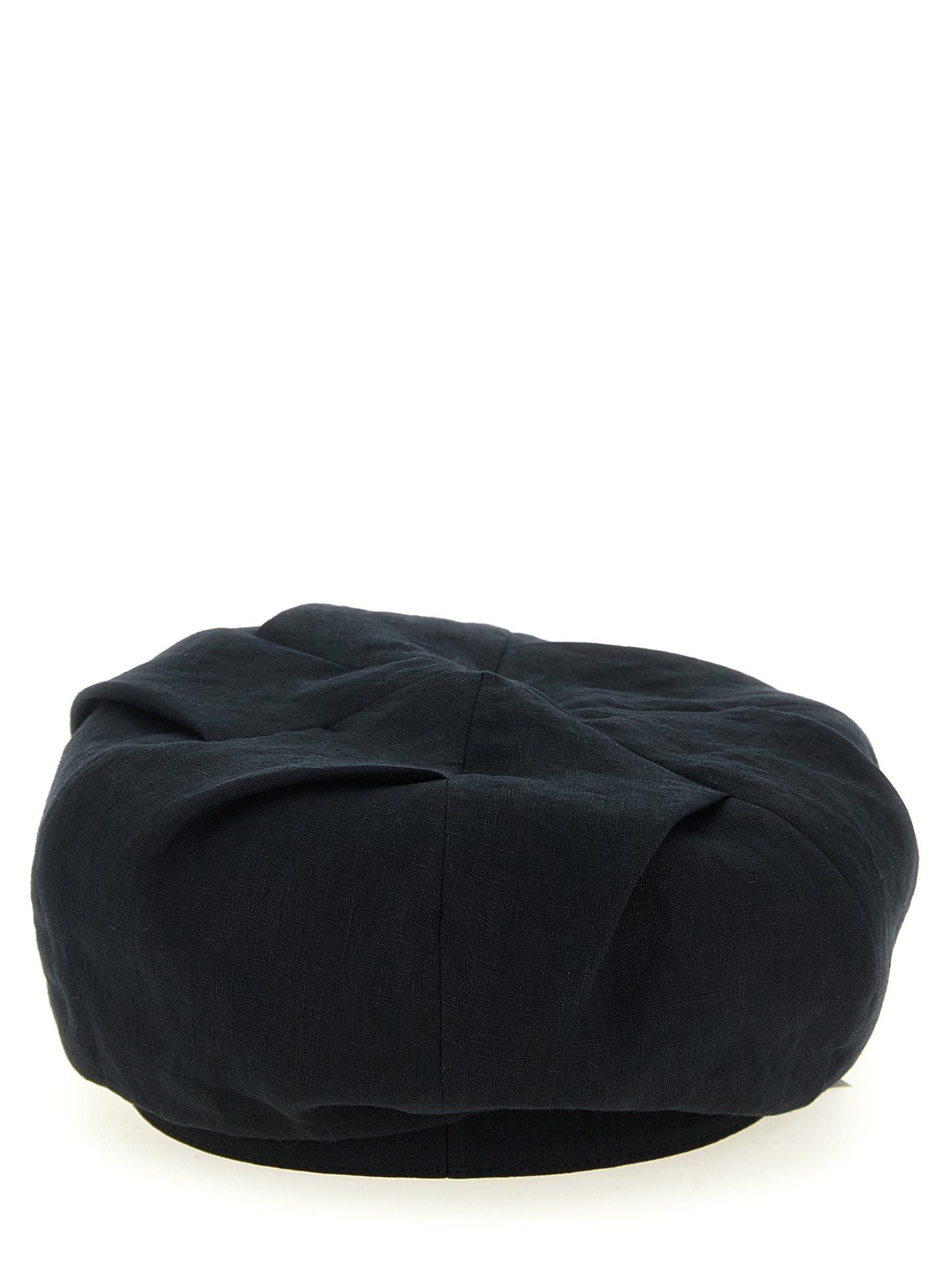 Hat by Yohji Yamamoto for men in linen black showcases a refined silhouette, artfully capturing the essence of the refined Linen Hat design for a sophisticated look.