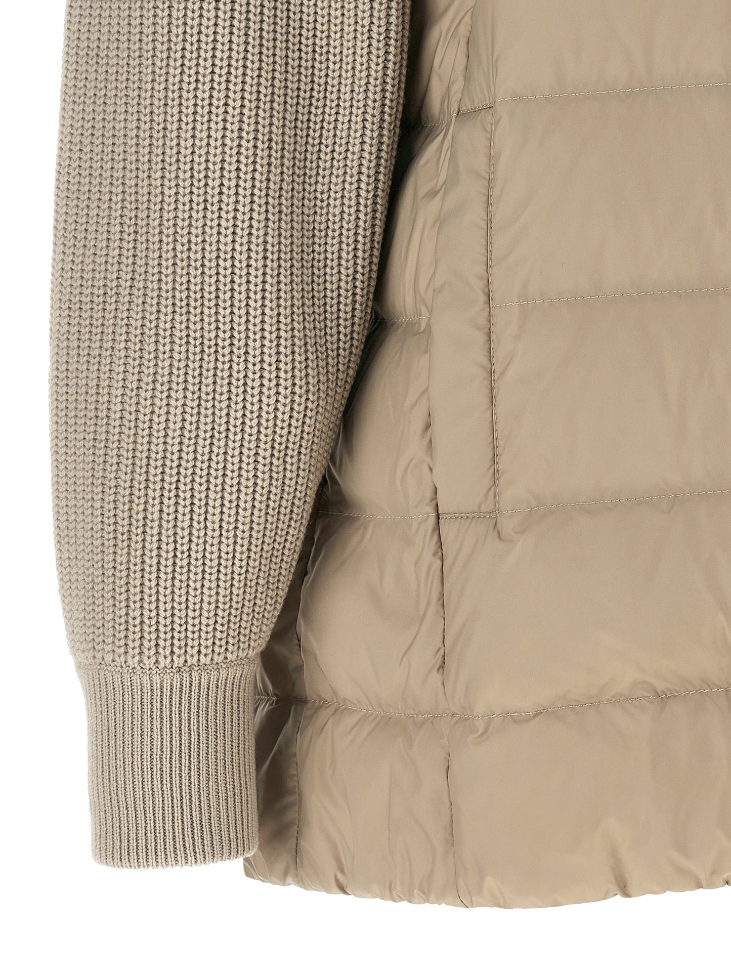 Hooded Puffer Jacket by Brunello Cucinelli for women in virgin cashmere wool & leather beige showcases a bohemian silhouette, artfully detailed with a bohemian and signature pockets, hooded & insulated for a truly bohemian finish.