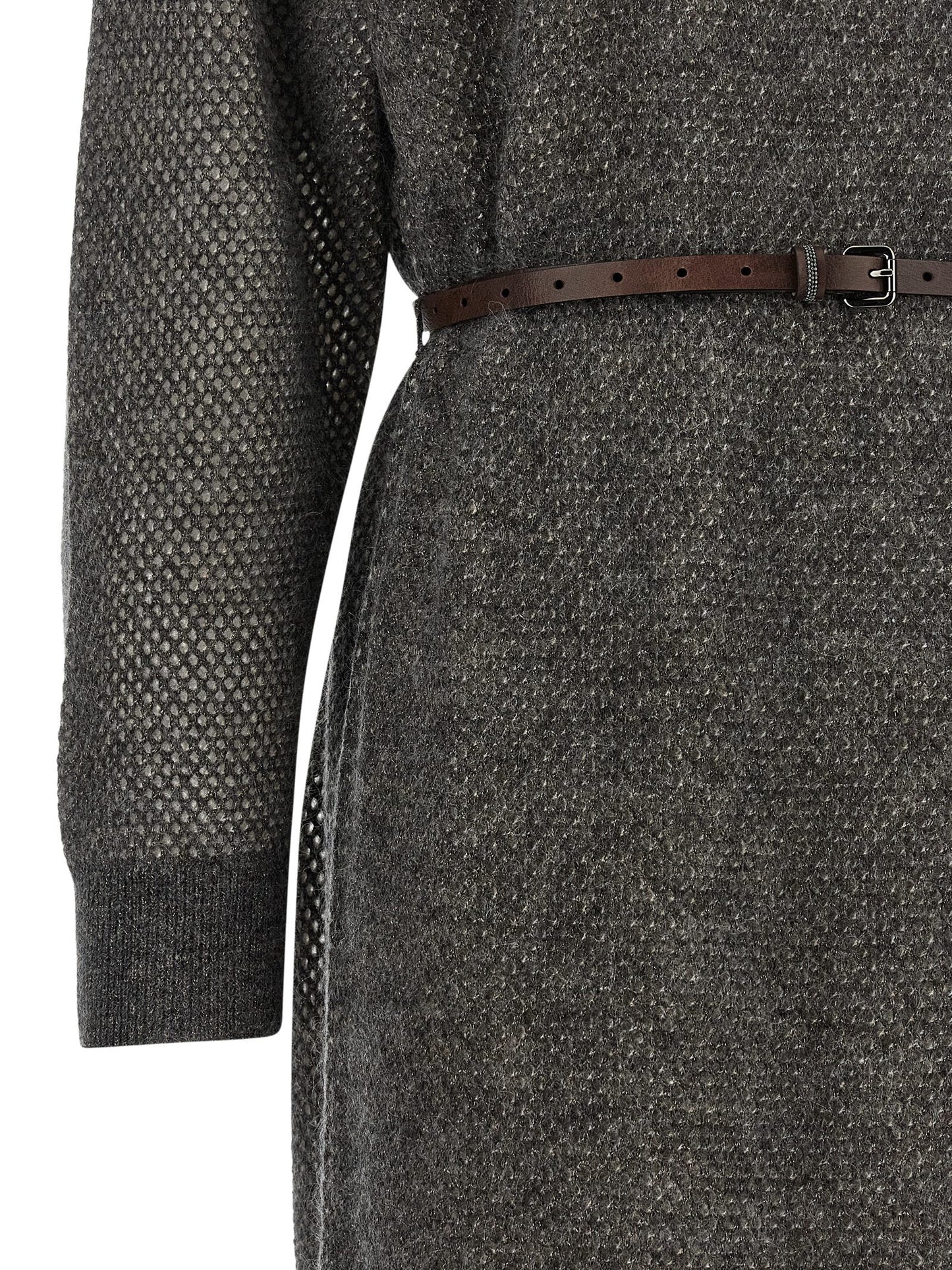 Dress by Brunello Cucinelli for women in mohair wool polyamide leather & mesh gray features an cute silhouette, detailed with a and that elegantly flows into a cute midi.