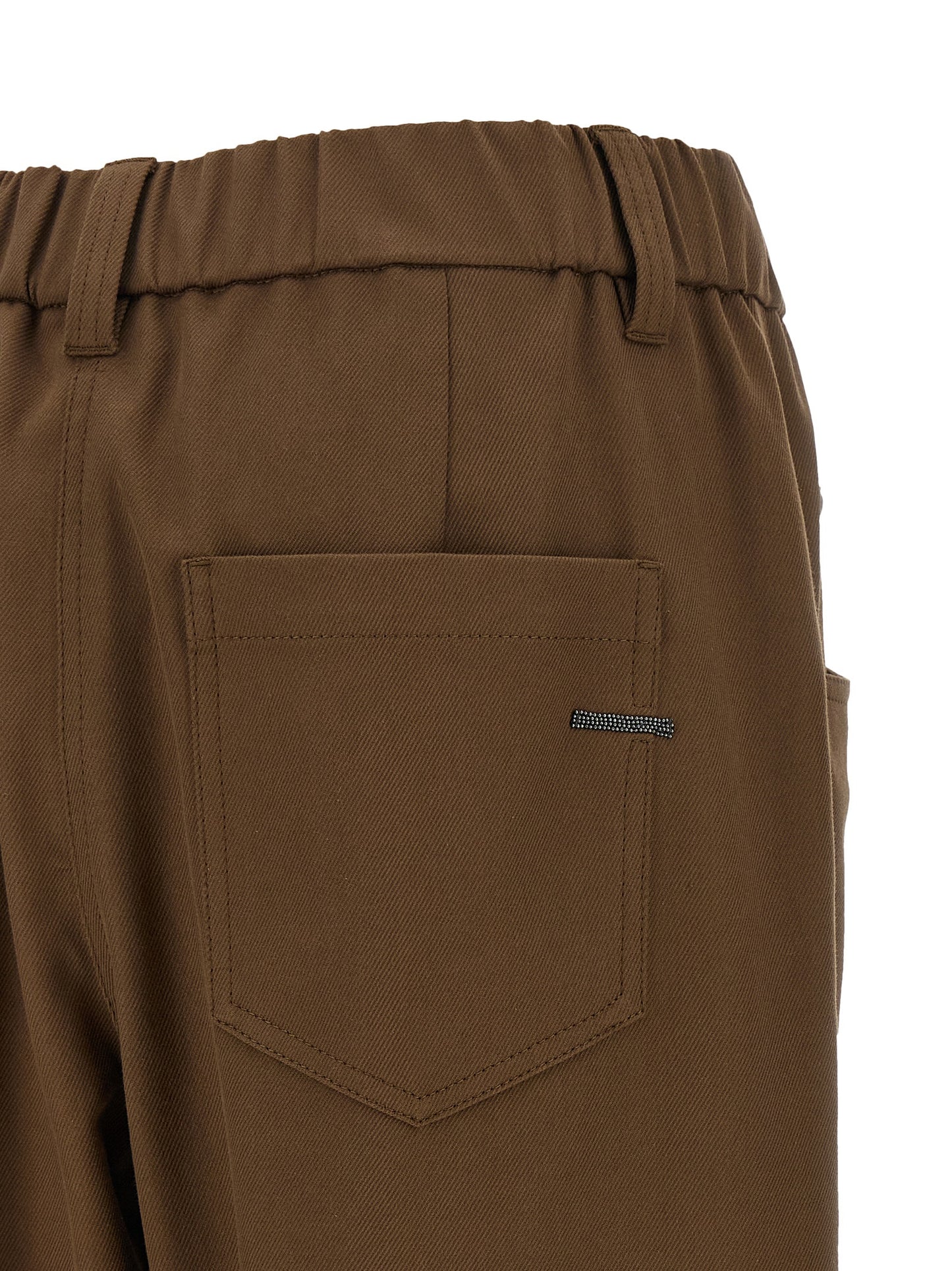 Trousers by Brunello Cucinelli for women in stretch cotton brown features a sculptural silhouette, showcasing a sculptural tapered-leg, relaxed-fit & wide and long with a sophisticated mid rise for a sculptural finish.
