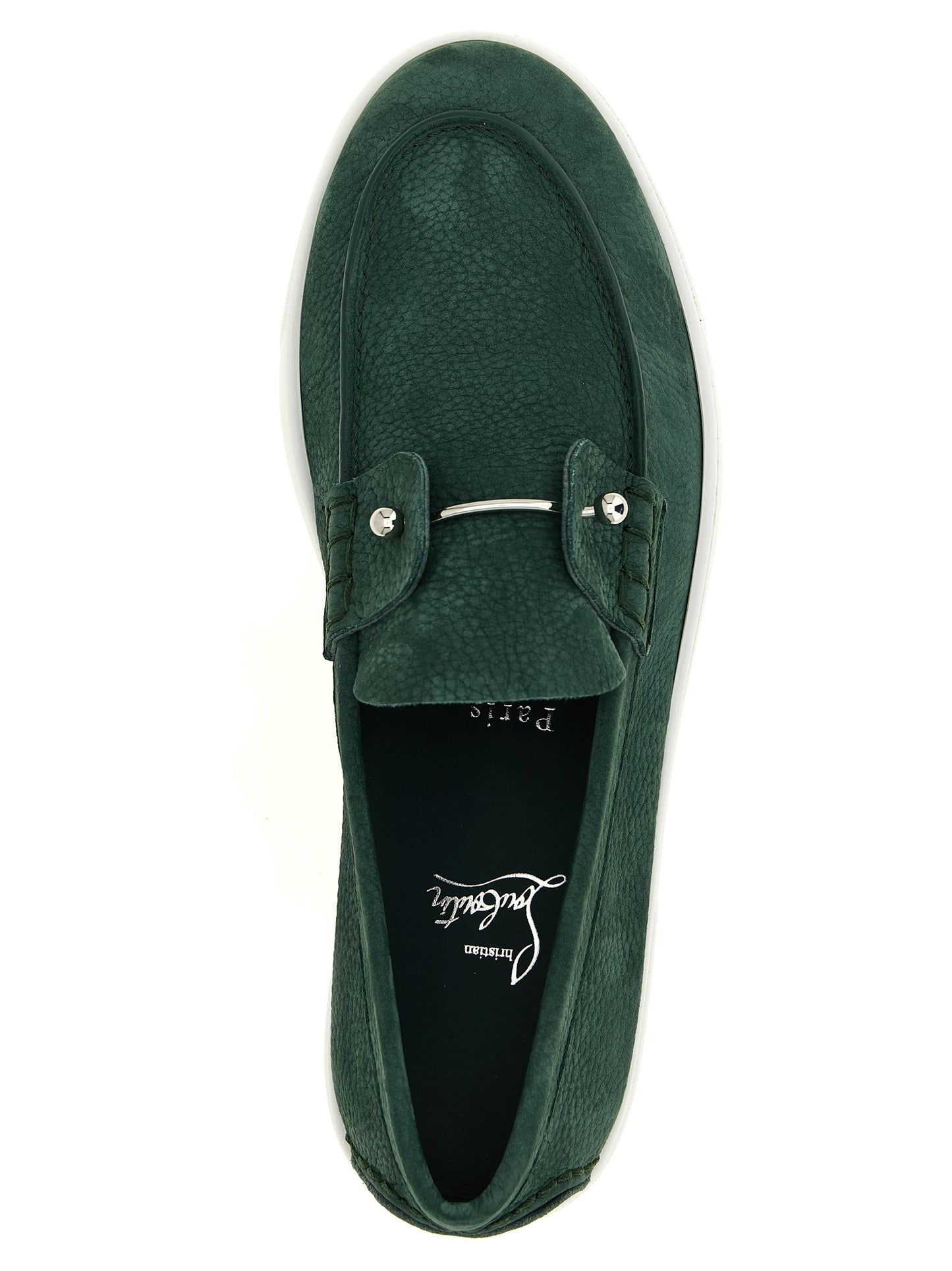 Loafer Slip-On Lace-Up Shoes by Christian Louboutin for men in calfskin leather bicolour & green showcases a impeccable silhouette as De Poudre Men's Calfskin Leather Loafer Slip-On Lace-Up Shoes, artfully designed with a impeccable and refined for a impeccable finish.