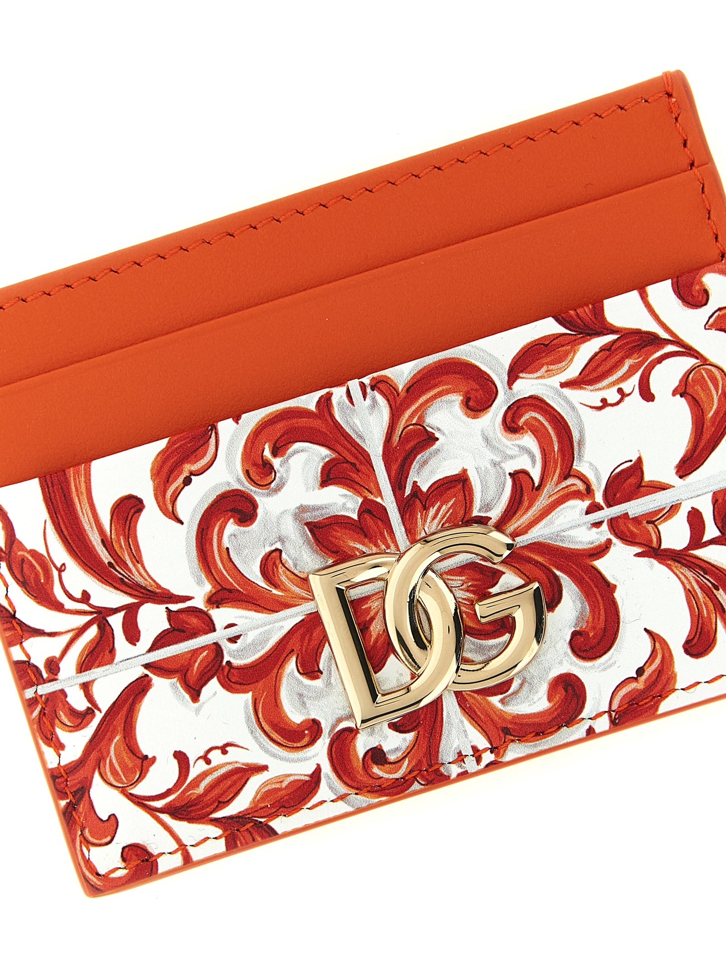 Cardholder Card Case by Dolce & Gabbana for women in calfskin leather gold, orange, signature-print & print features an meticulous design, elegantly showcasing the refined Maiolica Calfskin Leather Cardholder Card Case aesthetic while integrating sophisticated card-organization.