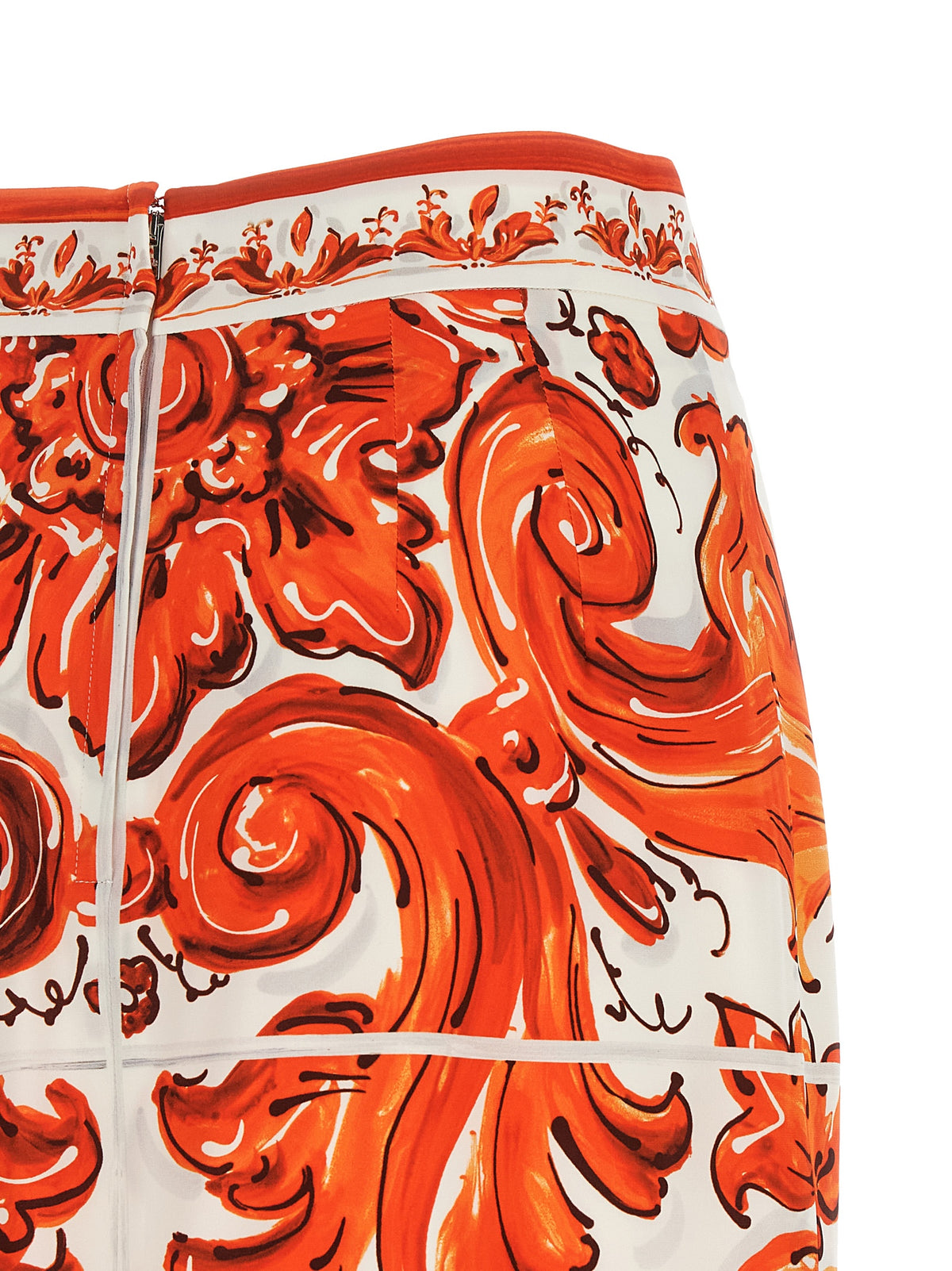 Dolce & Gabbana Essence Maiolica Women's High Rise Silk Midi Skirt - Orange Print