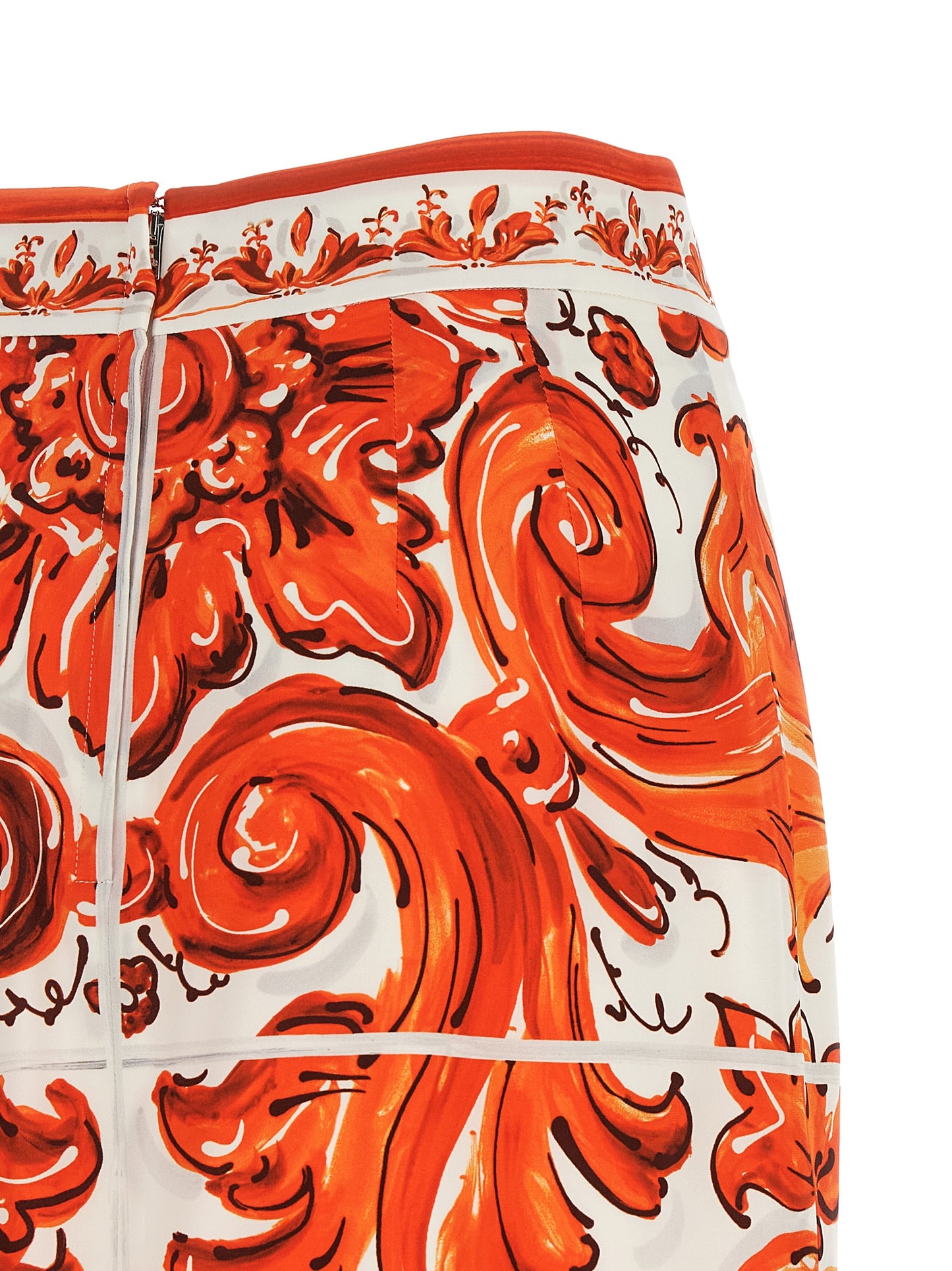 Skirt by Dolce & Gabbana for women in silk orange & print features a sublime silhouette, showcasing the sublime design of the Essence Maiolica Women's High Rise Silk Skirt in a sophisticated midi.
