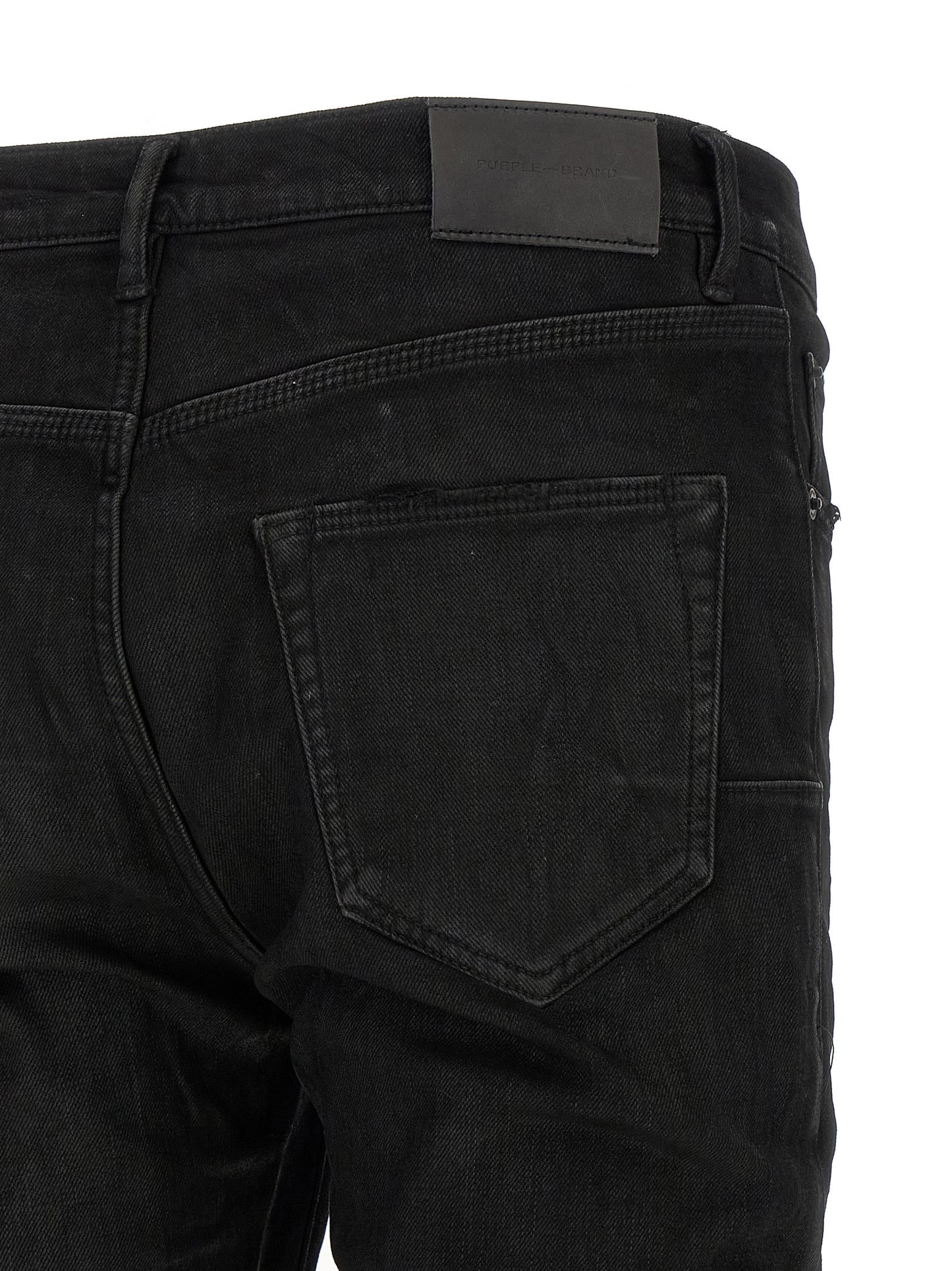 Jeans by PURPLE for men in stretch denim cotton & resin black, purple & signature features a polished silhouette with a polished tapered-leg, reaching a polished long and finished with a polished low rise.