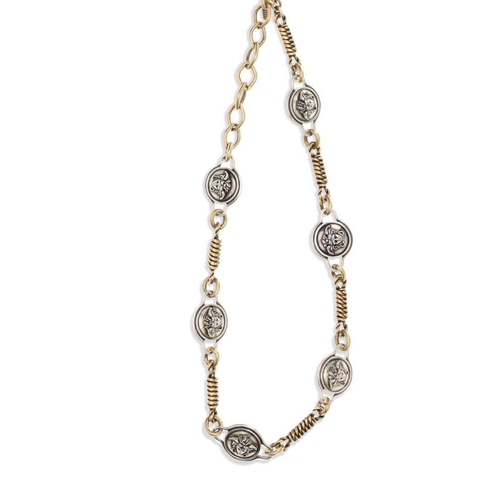 Necklace by Versace for women in polyester silver features an resplendent silhouette, showcasing a sophisticated chain necklace design from the Medusa T Bar Women's Silver Brass Necklace collection for a resplendent finish.