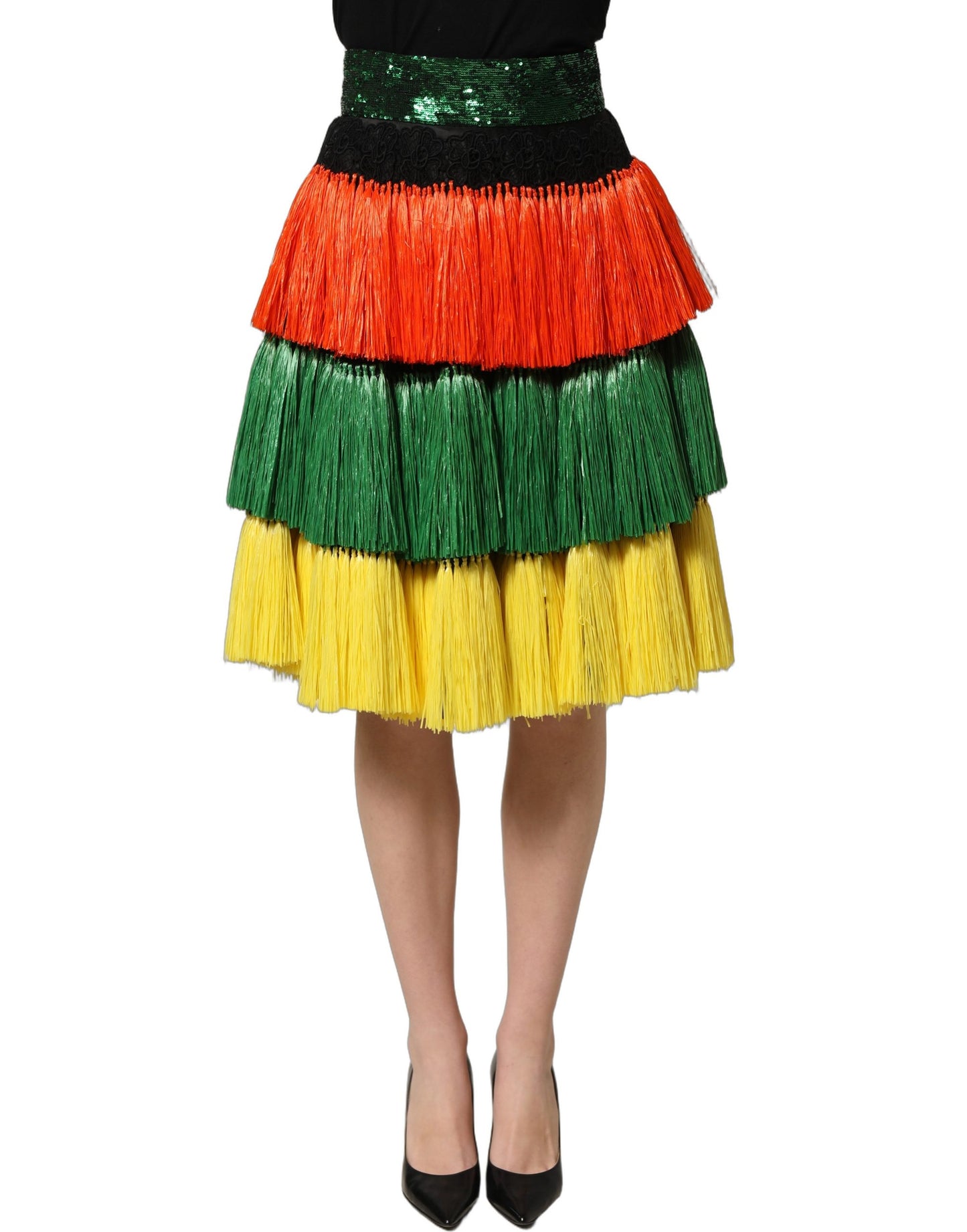 Dolce & Gabbana Multicolor Fringe Sequin High Waist Knee Length Skirt
