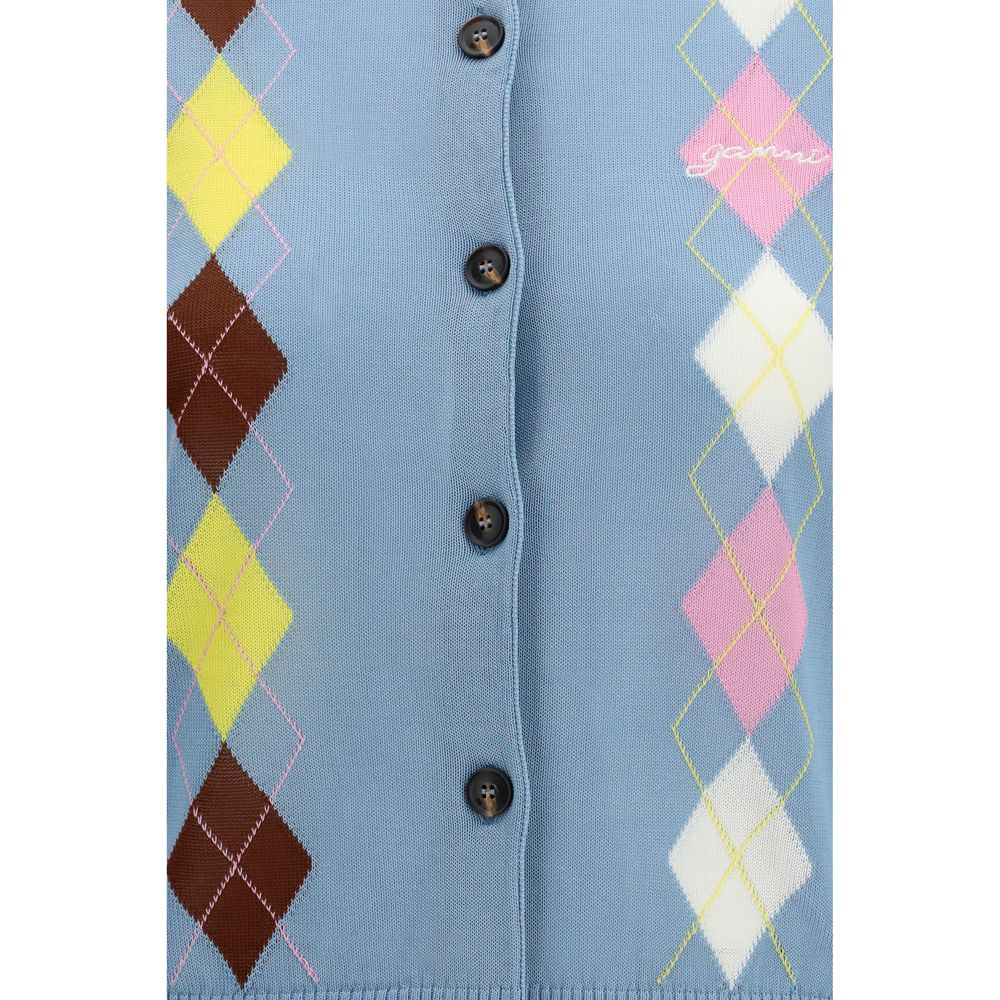 Cardigan by Ganni for women in cotton blue & patterned features an crisp silhouette, showcasing a sophisticated round neckline and detail for a truly crisp finish.