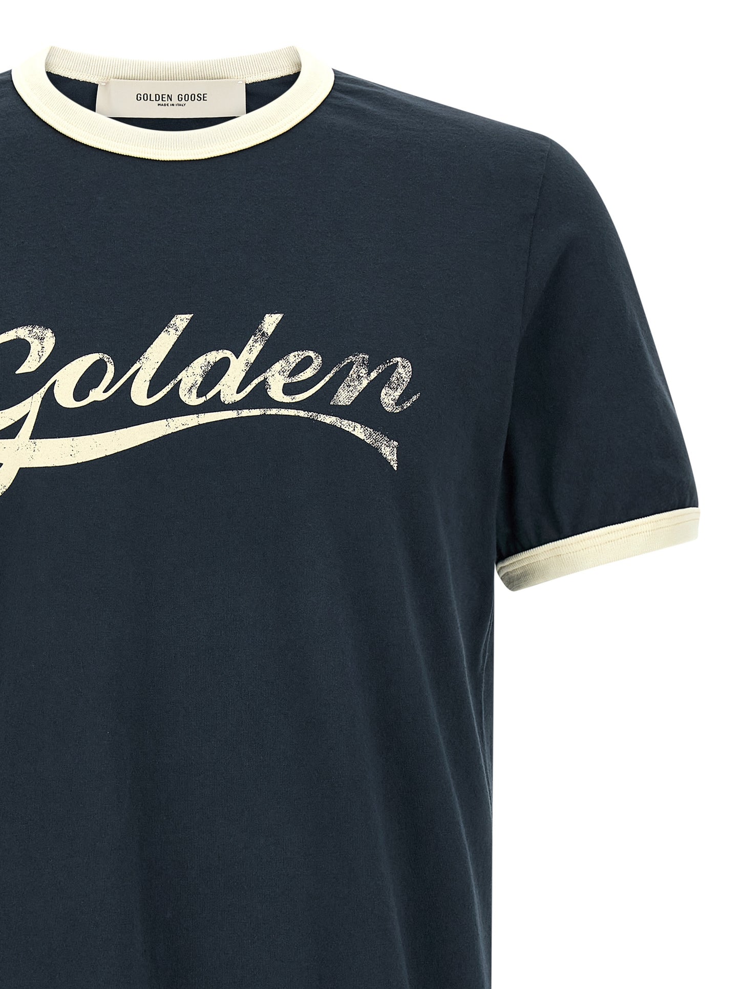 T-Shirt by Golden Goose for men in cotton blue & print showcases a dramatic silhouette, elegantly detailed with a dramatic crew neckline and for a truly dramatic finish.