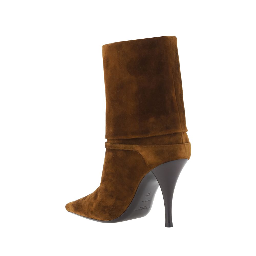 High-Heel Stiletto Ankle Boots by Saint Laurent for women in bos taurus calf suede leather brown & signature features an effortless chic silhouette from the Vicky Women's Bos Taurus Calf Suede Leather High-Heel Stiletto Ankle Boots collection, showcasing a effortless chic stiletto high-heel and refined pointed toe style for an effortless chic look.