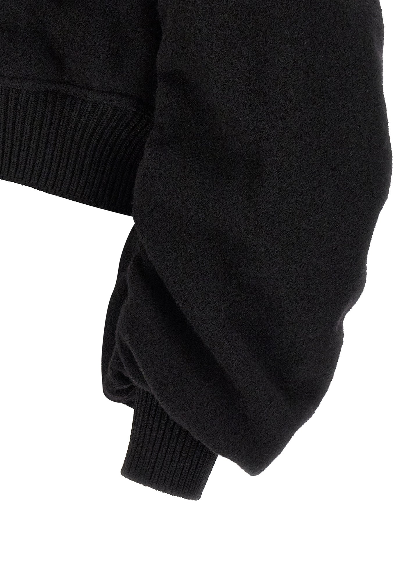 This Bomber Jacket by Rick Owens for men in virgin wool black exhibits a edgy silhouette, meticulously detailed with functional pockets and a edgy for a edgy finish.