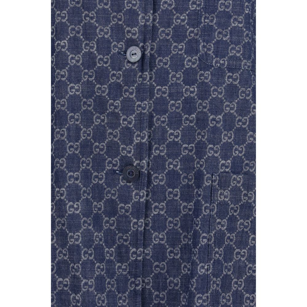 Overcoat by Gucci for women in cotton blue, jacquard & signature features an voluminous silhouette, showcasing distinct pockets and a voluminous for a truly voluminous aesthetic.
