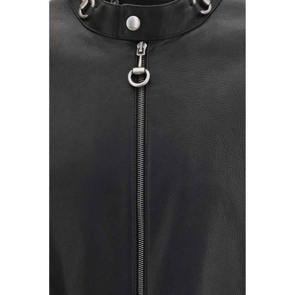 Gucci Horsebit Men's Biker Bos Taurus Bull & Calf Leather Jacket - Black