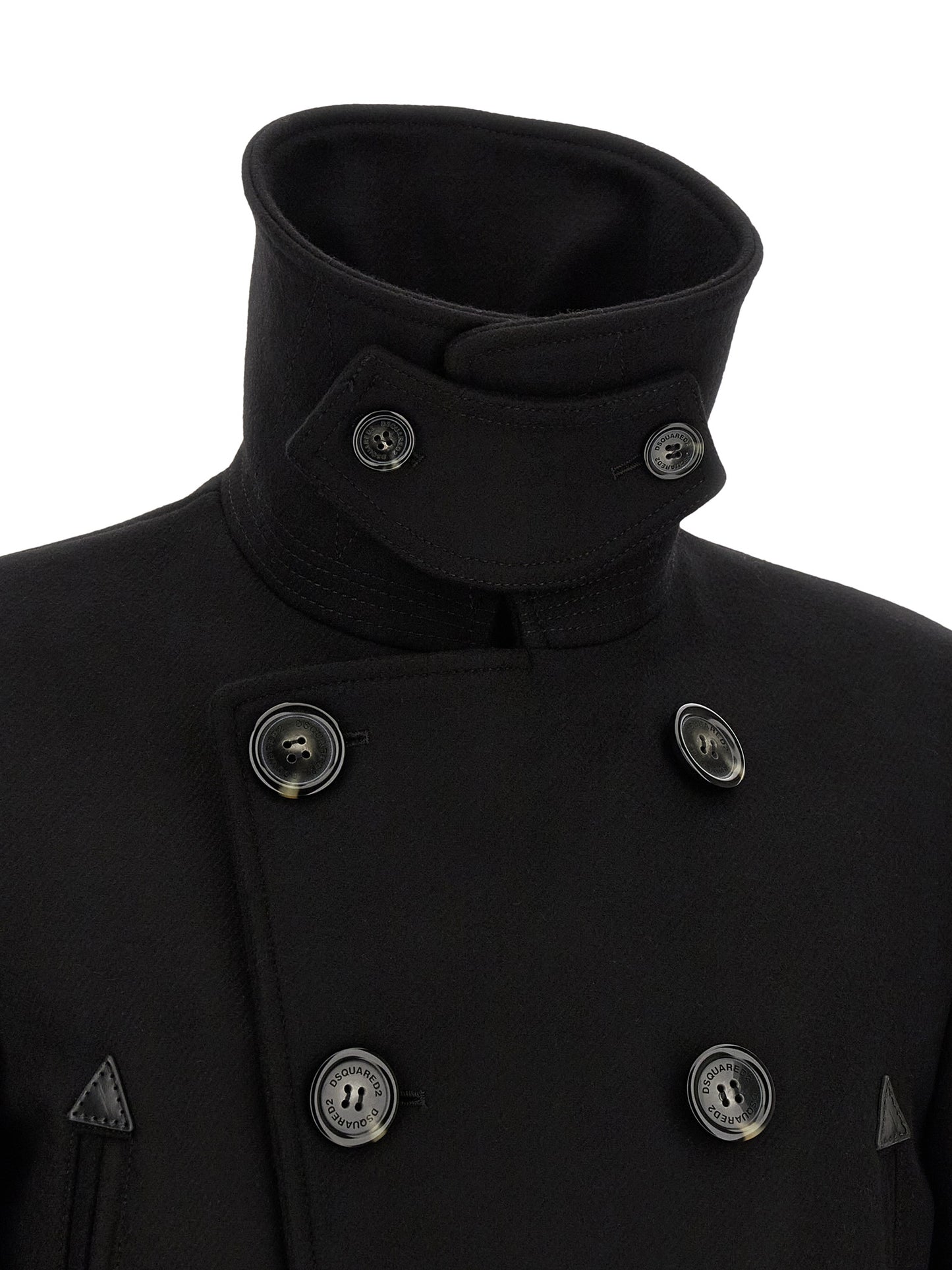 Overcoat by Dsquared² for men in polyamide wool black features an satoral silhouette, showcasing a sophisticated and satoral pockets for a premium, timeless look.