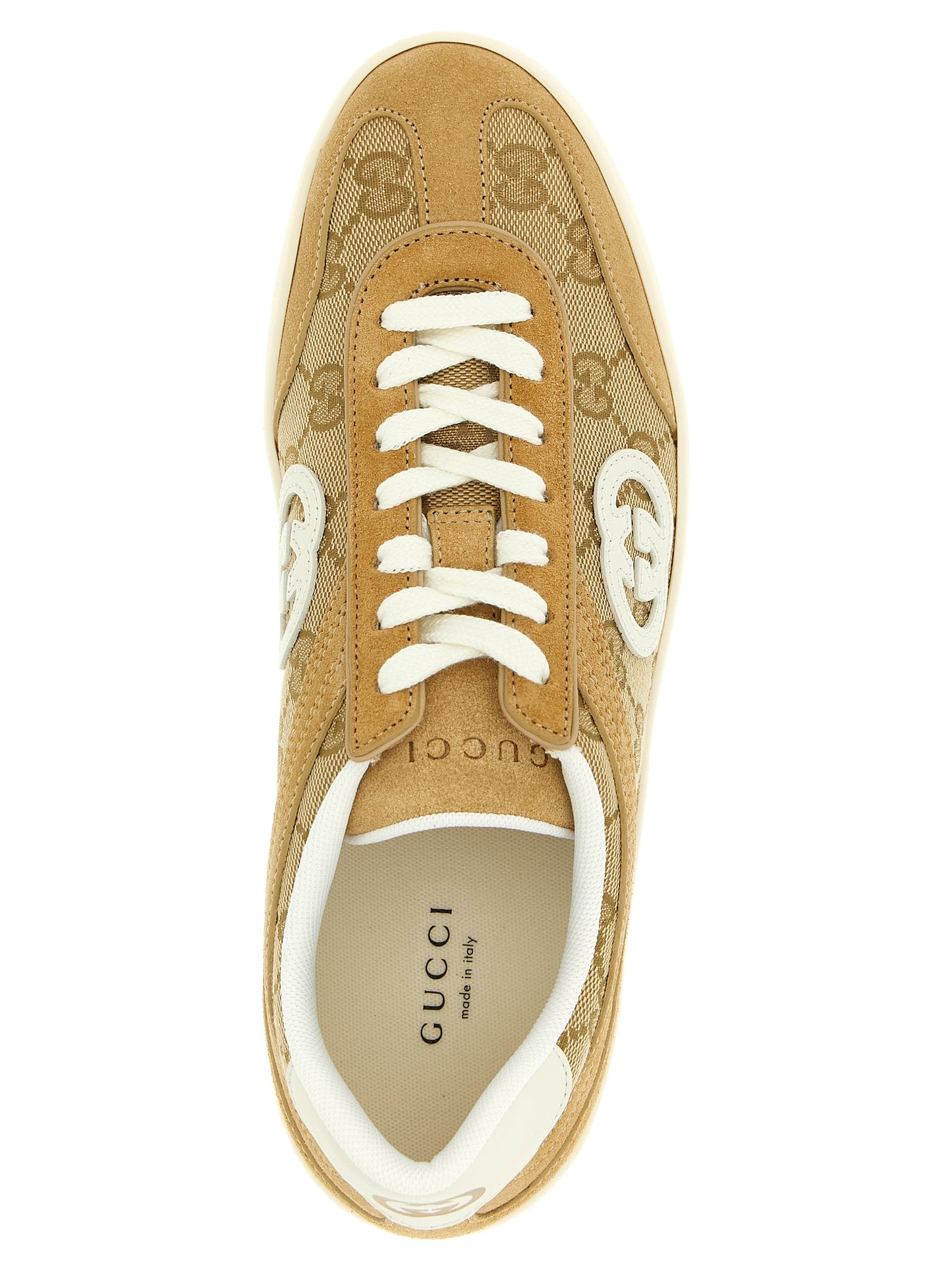 Sneakers by Gucci for women in bos taurus calfskin leather beige & signature features an fashionable silhouette, showcasing the premium Gg Women's Low Top Bos Taurus Calfskin Leather Sneakers in a fashionable low-top style that offers a fashionable finish for refined style.