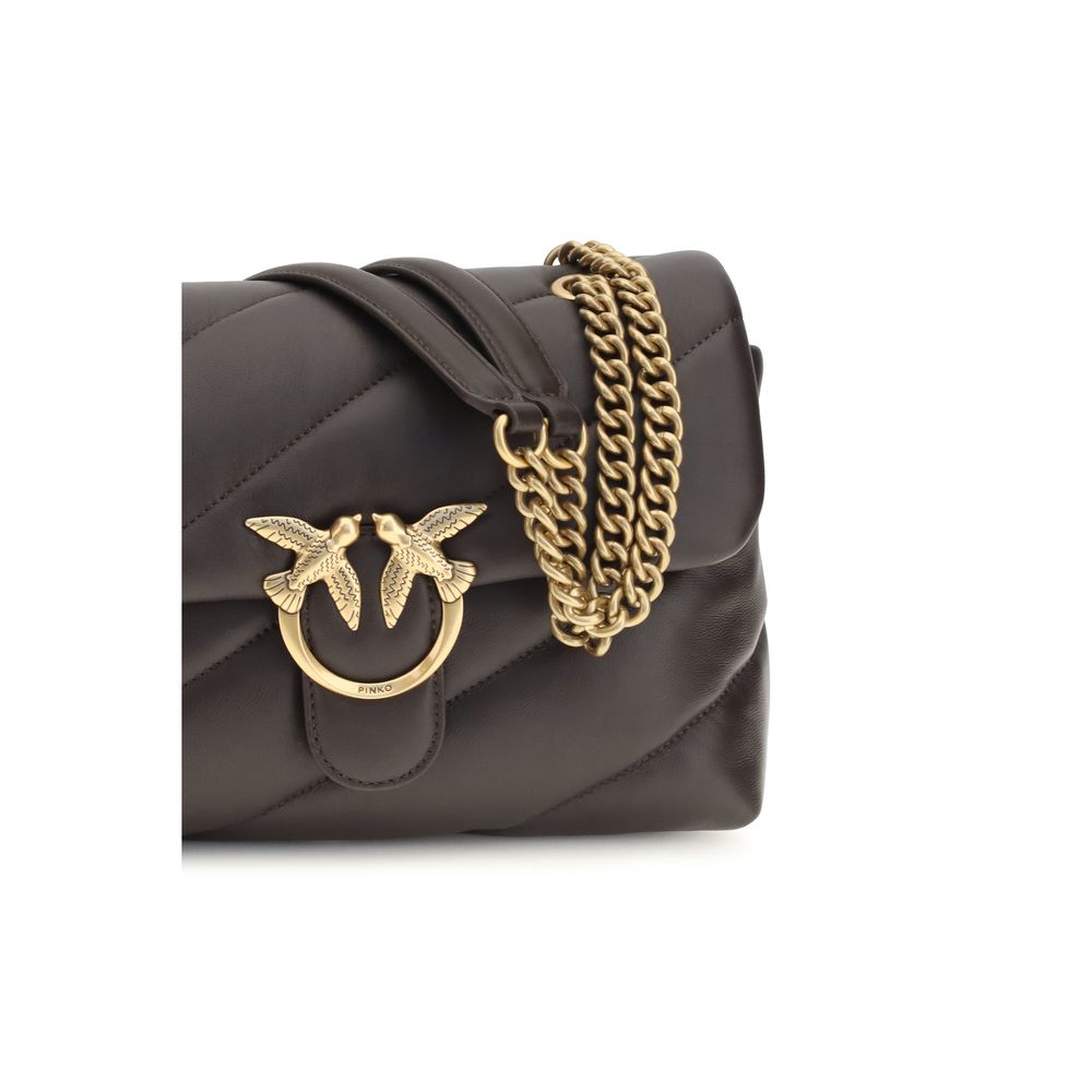 Quilted Shoulder Bag by PINKO for women in bos taurus calf leather brown, gold, signature & monogram features a distinguished silhouette, showcasing a secure magnetic & button and distinguished built-in-compartments with versatile shoulder-strap for a distinguished finish.