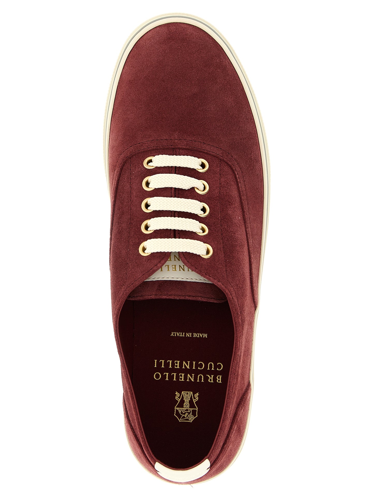 Sneakers by Brunello Cucinelli for men in suede calfskin leather bordeaux, burgundy & gold presents a impeccable silhouette as Men's Low Top Suede Calfskin Leather Sneakers, expertly defined by a impeccable low-top style for a impeccable, high-fashion look.