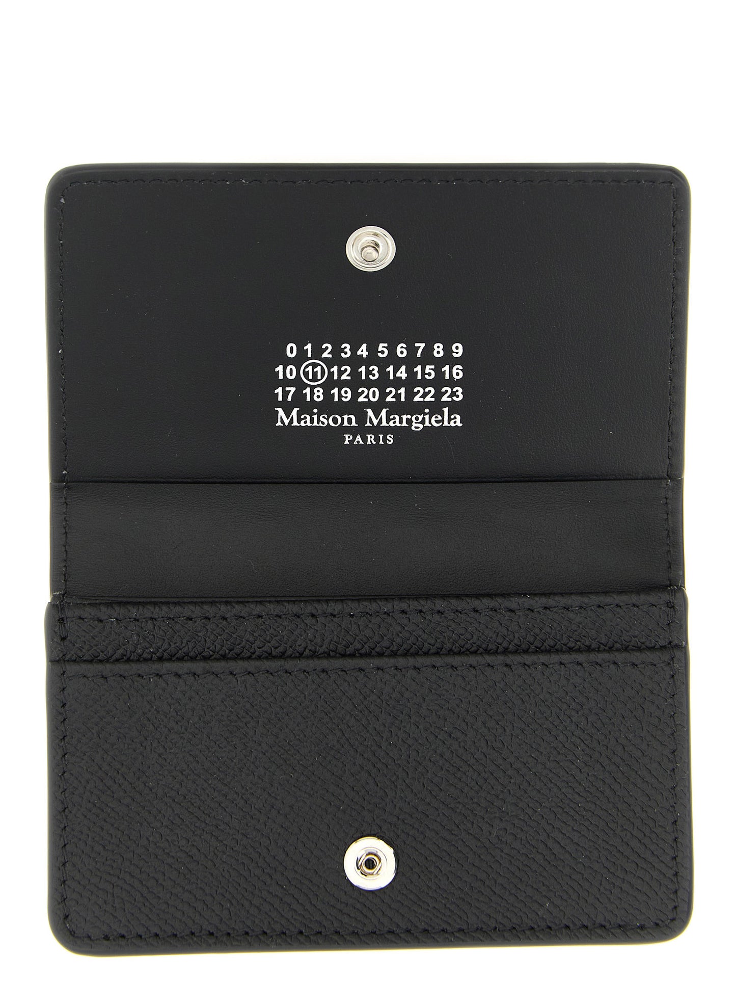Cardholder Card Case by Maison Margiela for women in calfskin leather black, silver & signature features a sleek silhouette, showcasing the sleek design of the Four Stitches Calfskin Leather Cardholder Card Case with functional card-organization for a premium look.