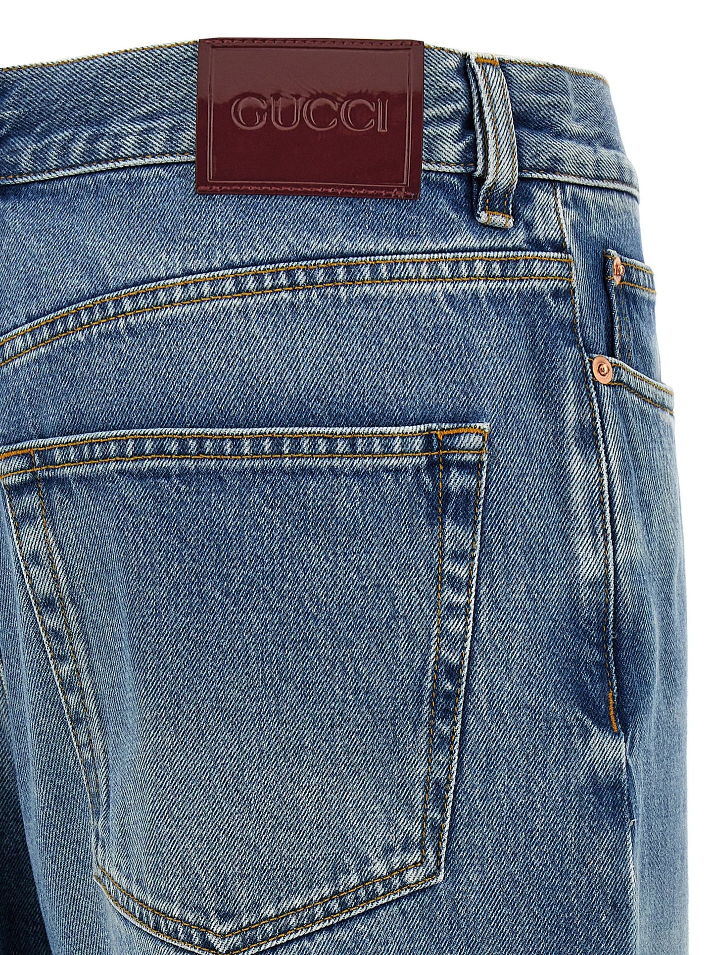 Jeans by Gucci for women in denim cotton blue & signature features a polished silhouette with a polished relaxed-fit, boyfriend & oversized, reaching a polished long and finished with a polished mid rise.