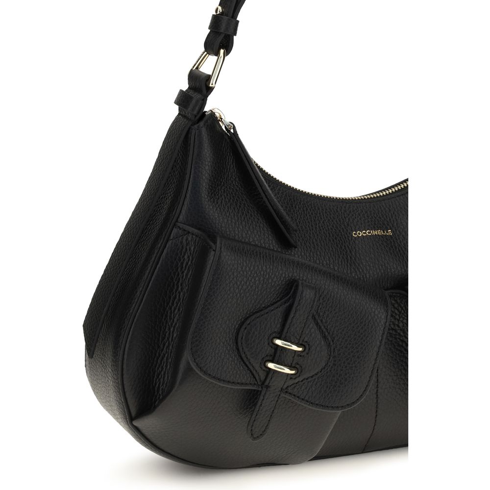 Small Shoulder Bag by Coccinelle for women in bos taurus calf leather black, gold & signature showcases a enviable silhouette, artfully detailed with a secure zipper & magnetic, organized built-in-compartments, and versatile shoulder-strap, adjustable-strap & handle for a enviable look.